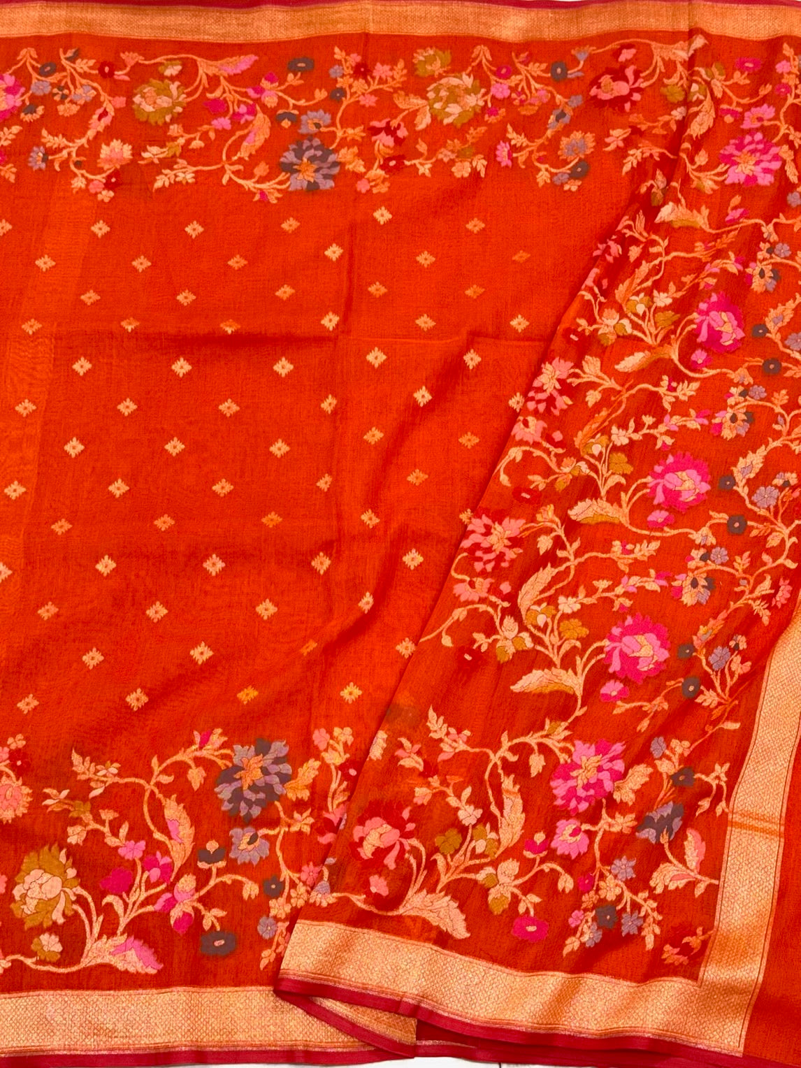 Orange Muslin Cotton Jamdani Ektara Weave Handloom Banarasi Saree