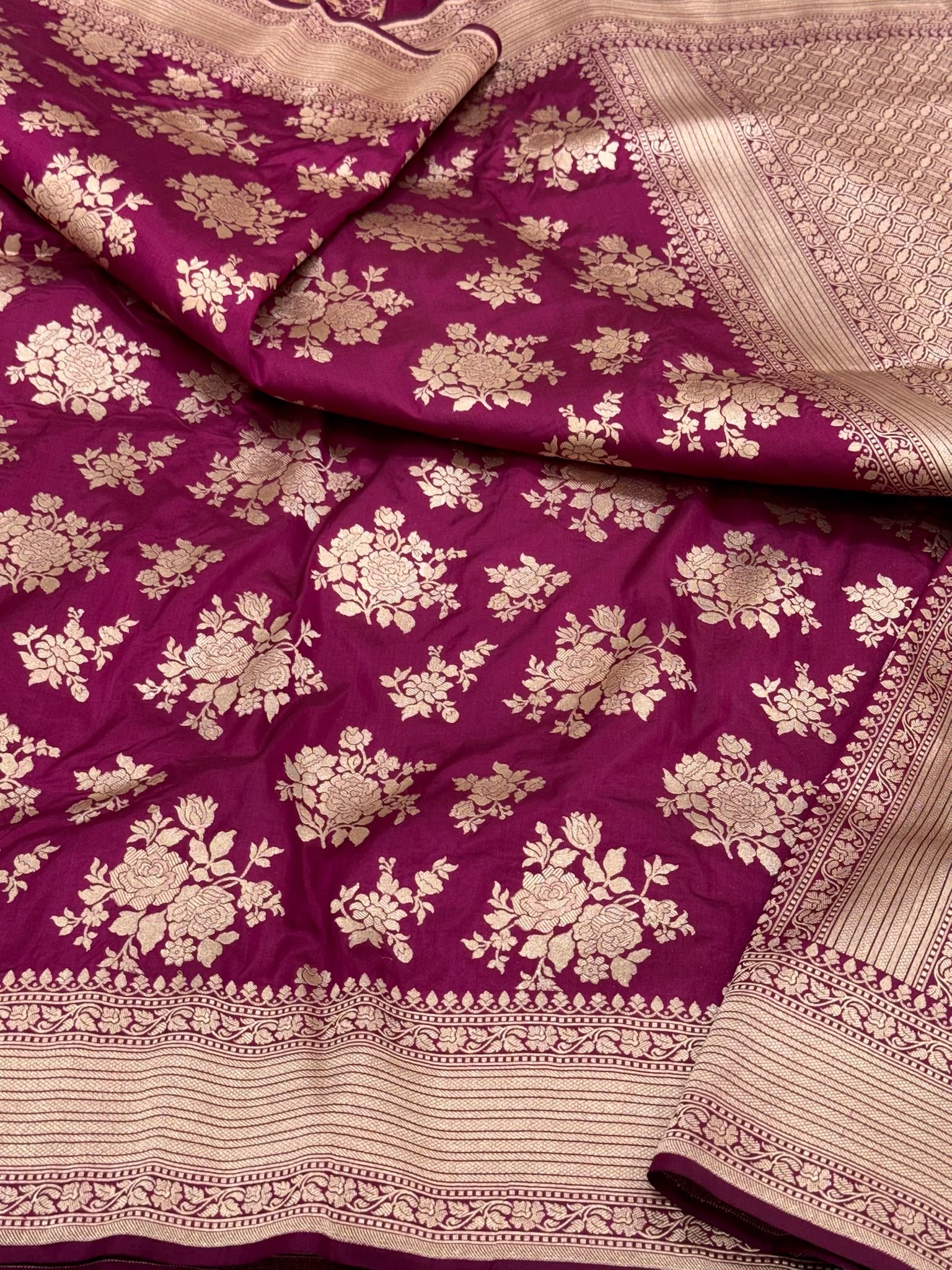 Wine Pure Mulberry Silk & Pure Katan Silk Handloom Banarasi Saree