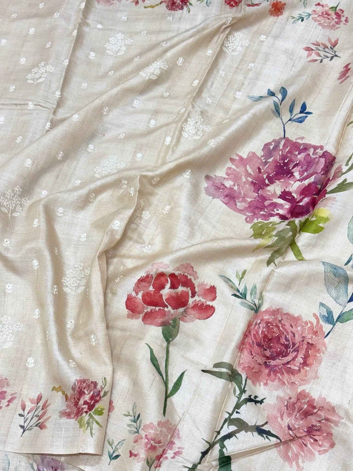 Ivory Pure Tussar Silk Handloom Printed with Embroidery Banarasi Saree - Heritage In A New Light