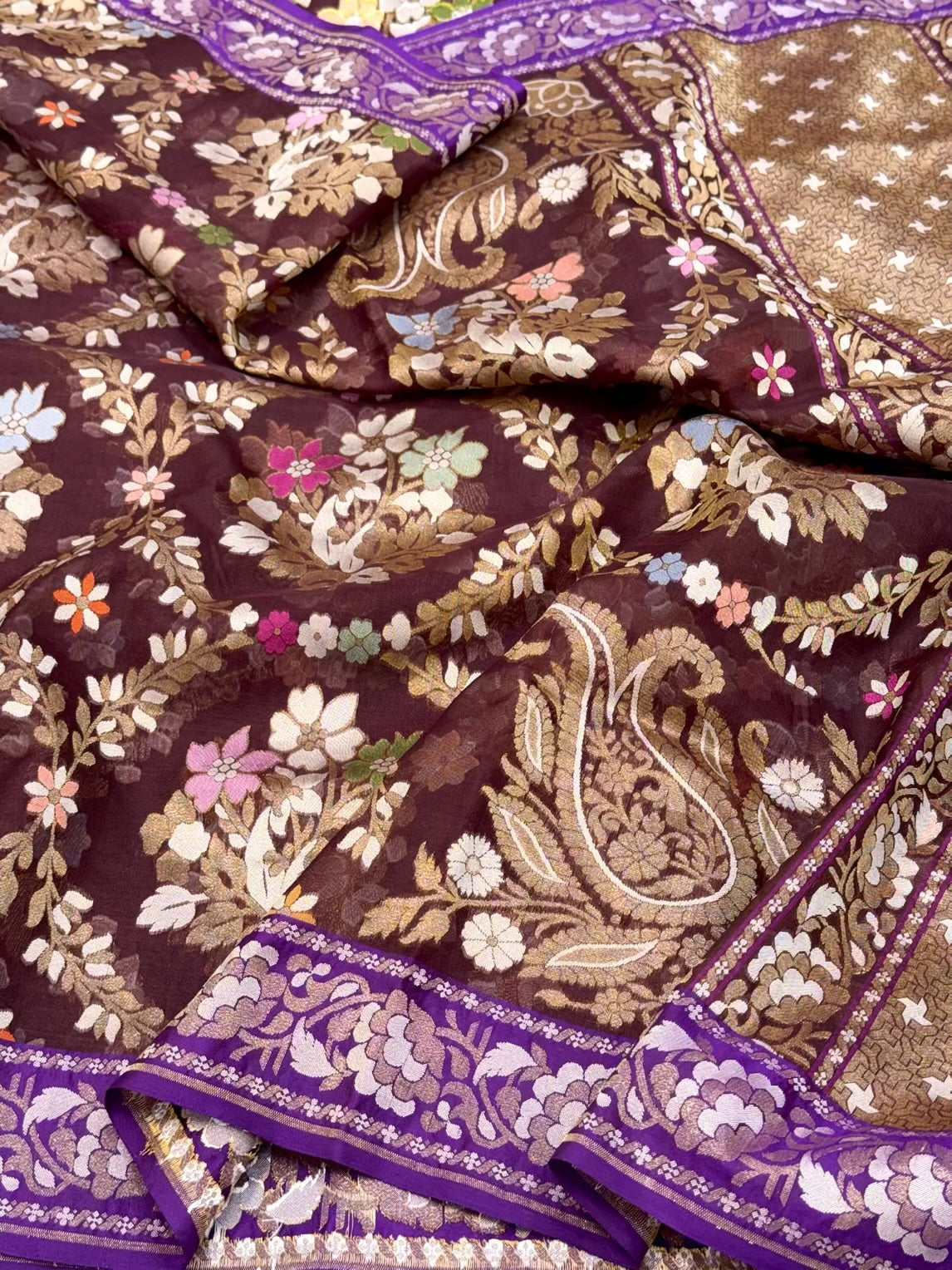 Brown Pure Kora Silk Handloom Banarasi Silk Saree - Ektara Weave Lightweight Banarasi Saree