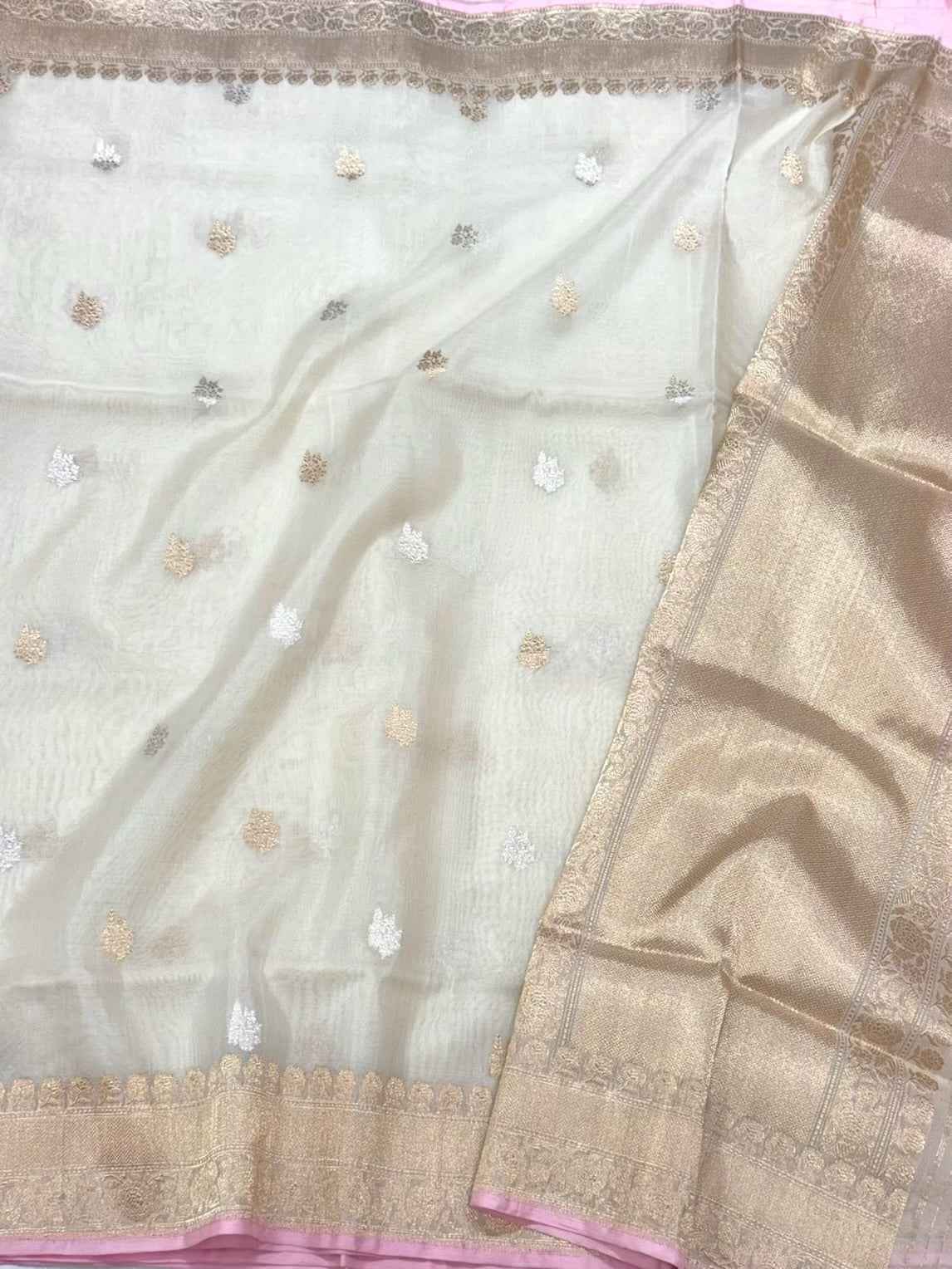 White Pure Mulberry Kora Silk Handwoven Banarasi Silk Saree | Kadhwa Weave |