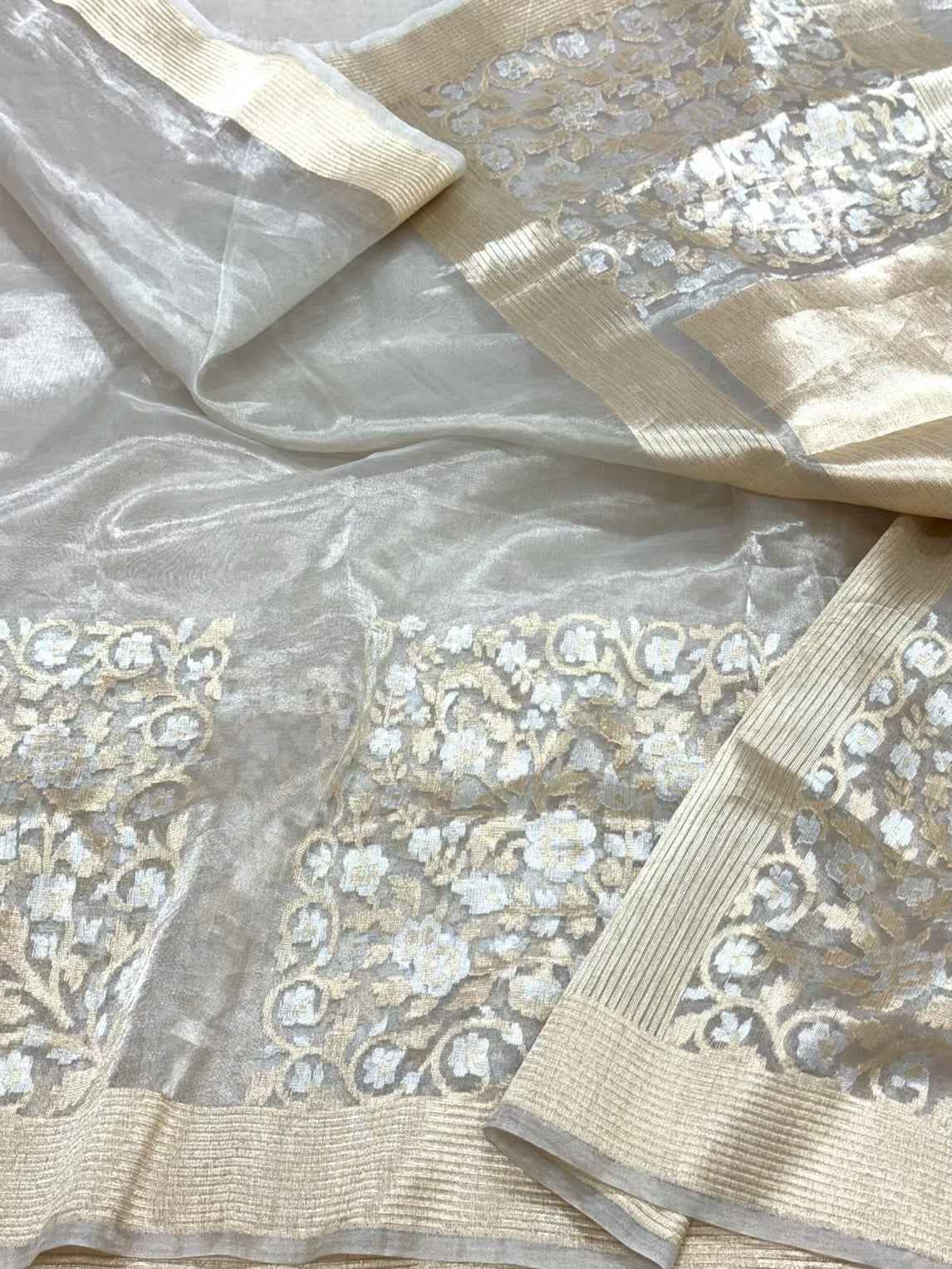 Silver/White Pure Tissue Silk Saree - 100% Pure Kora Silk | Handwoven Banarasi Silk Saree - Modern Contemporary Saree