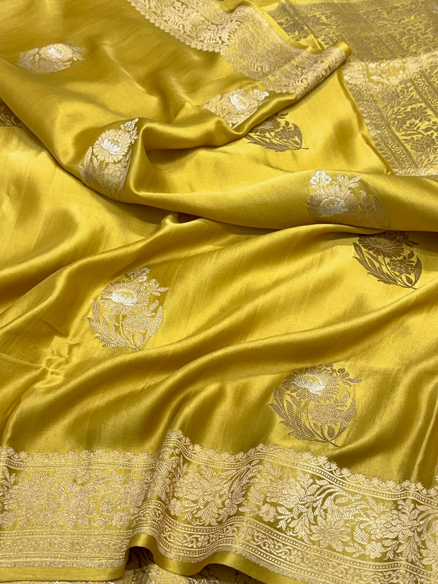 Mustard Yellow Pure Mashru Satin Silk Handwoven Banarasi Saree | Effortless Drape