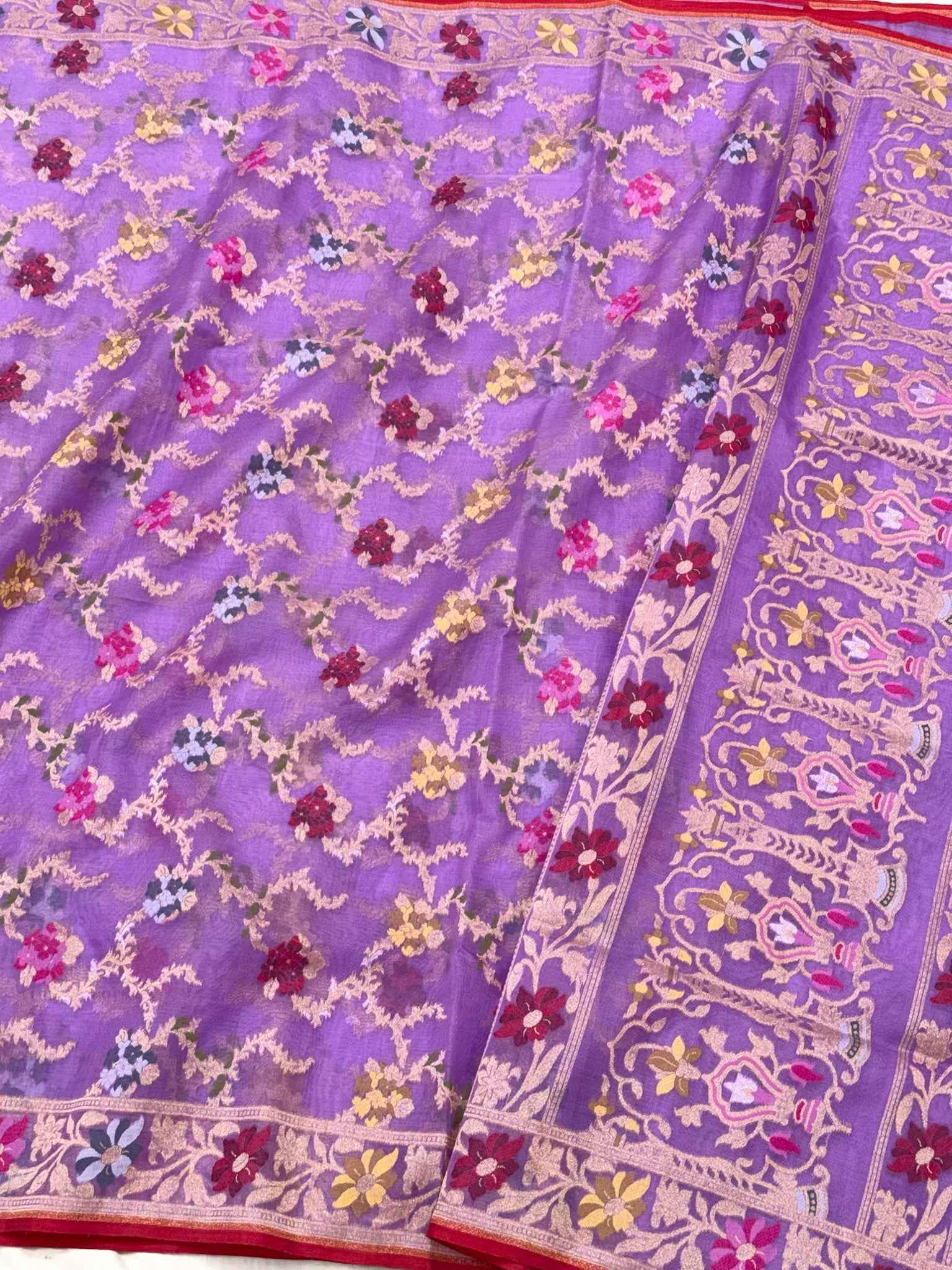 Lavender Pure Mulberry Kora Silk Handloom Jamdani | Ektara Weave | Banarasi Saree
