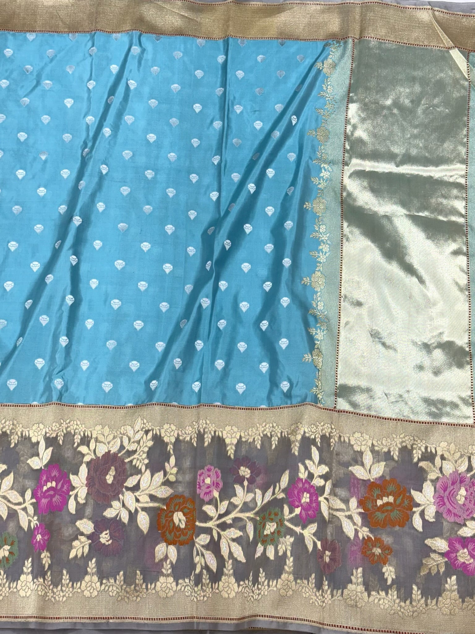 Light Blue Pure Katan Silk & Mulberry Silk Handwoven | Kadhwa Technique |Authentic Banarasi Modern Saree