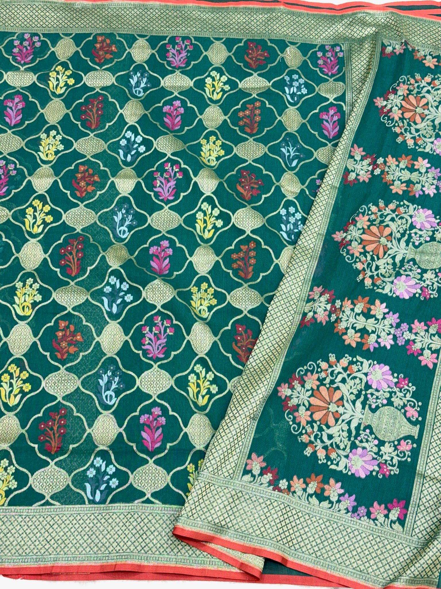 Emerald Green Pure Muslin Cotton Jamdani Ektara Weave Handloom Banarasi Saree