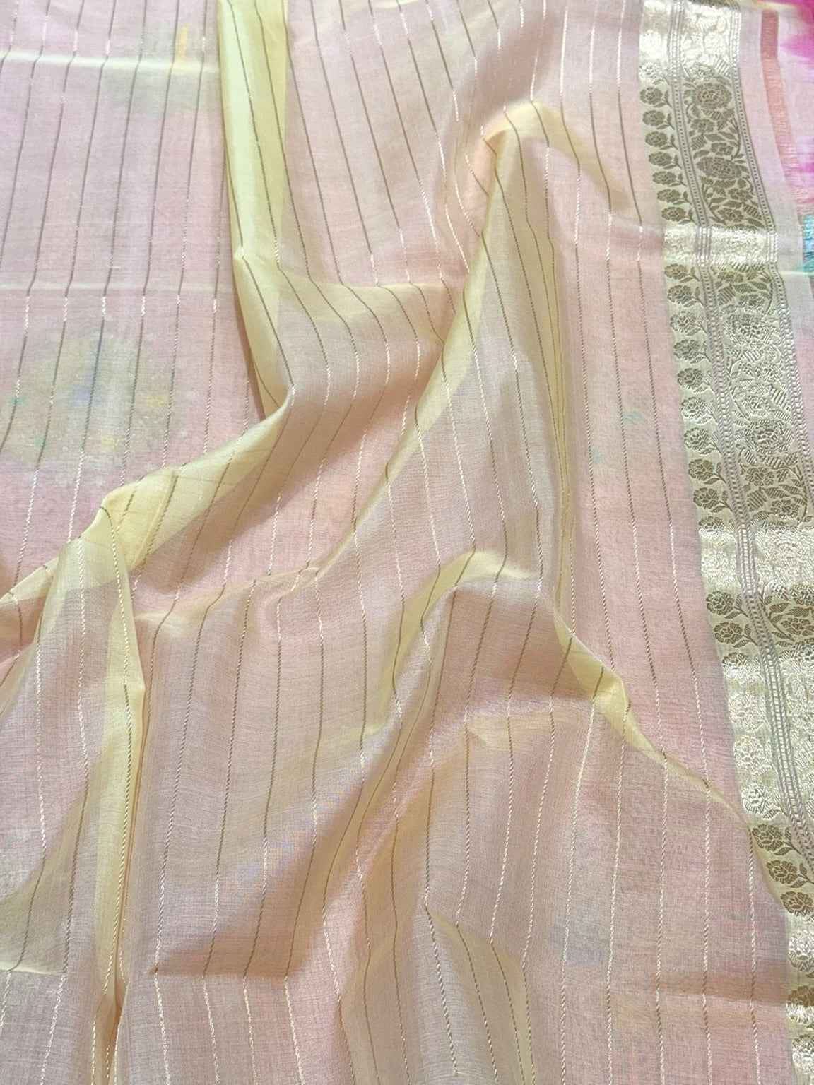 Onion Pink Pure Kora Mulberry Silk | Kadhwa Technique | Handwoven Lighweight Banarasi Saree