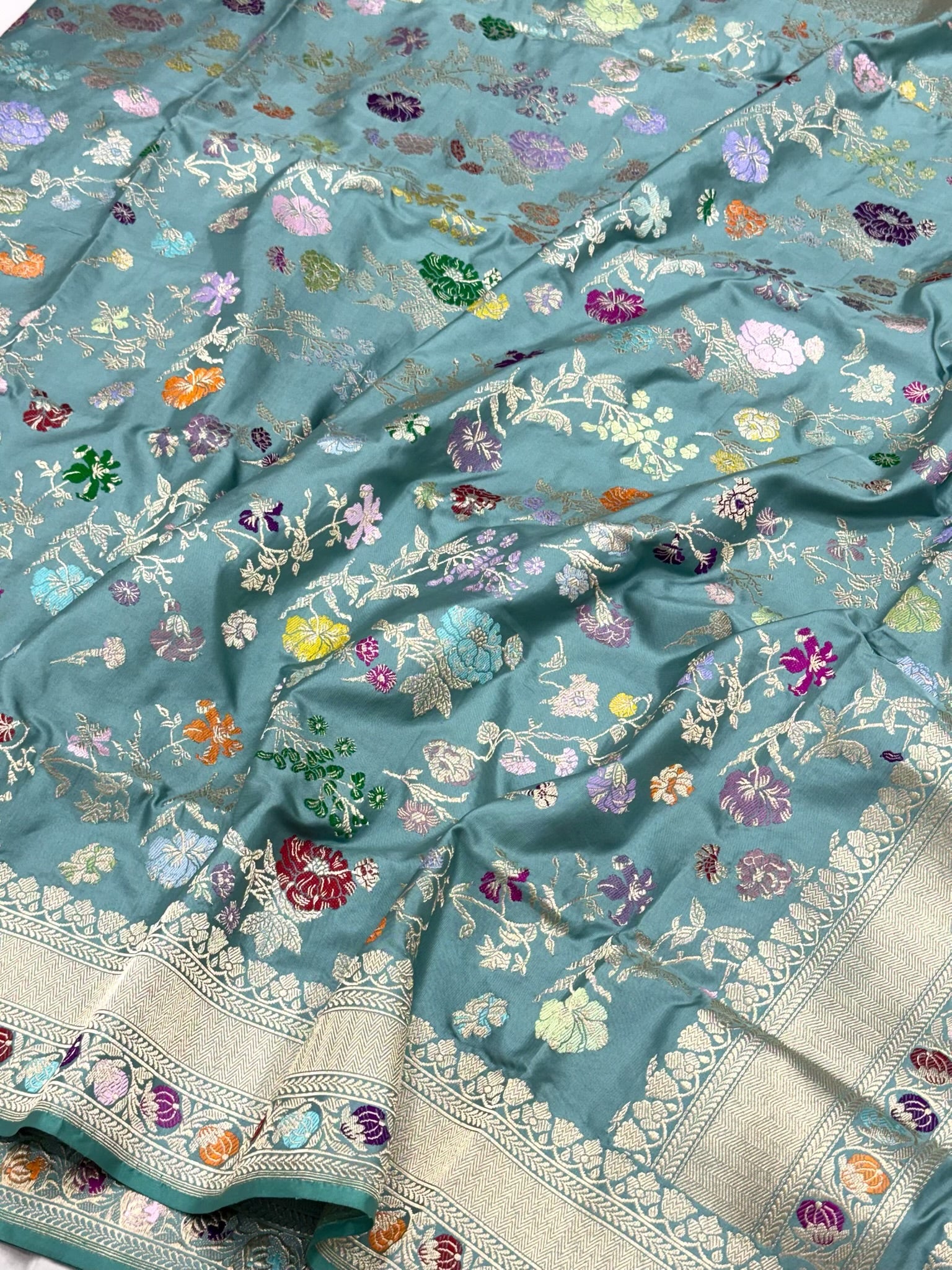 Dusty Teal Green Luxury Banarasi Saree | Pure Mulberry Silk & Pure Double Katan Silk - Kadhwa Banarasi Saree