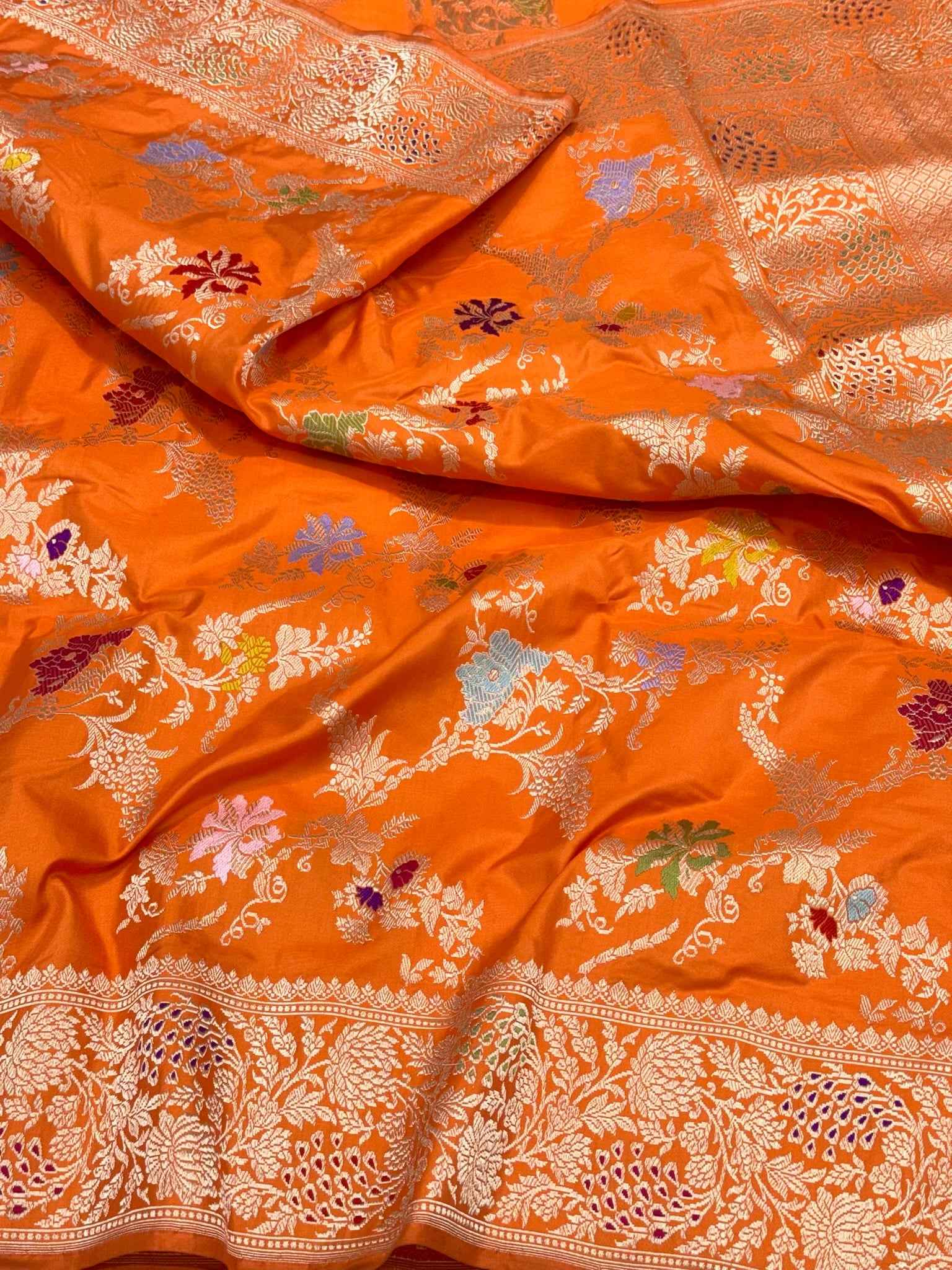 Orange Pure Mulberry Double Katan Silk Handwoven Banarasi Saree | Kadhwa Weave |