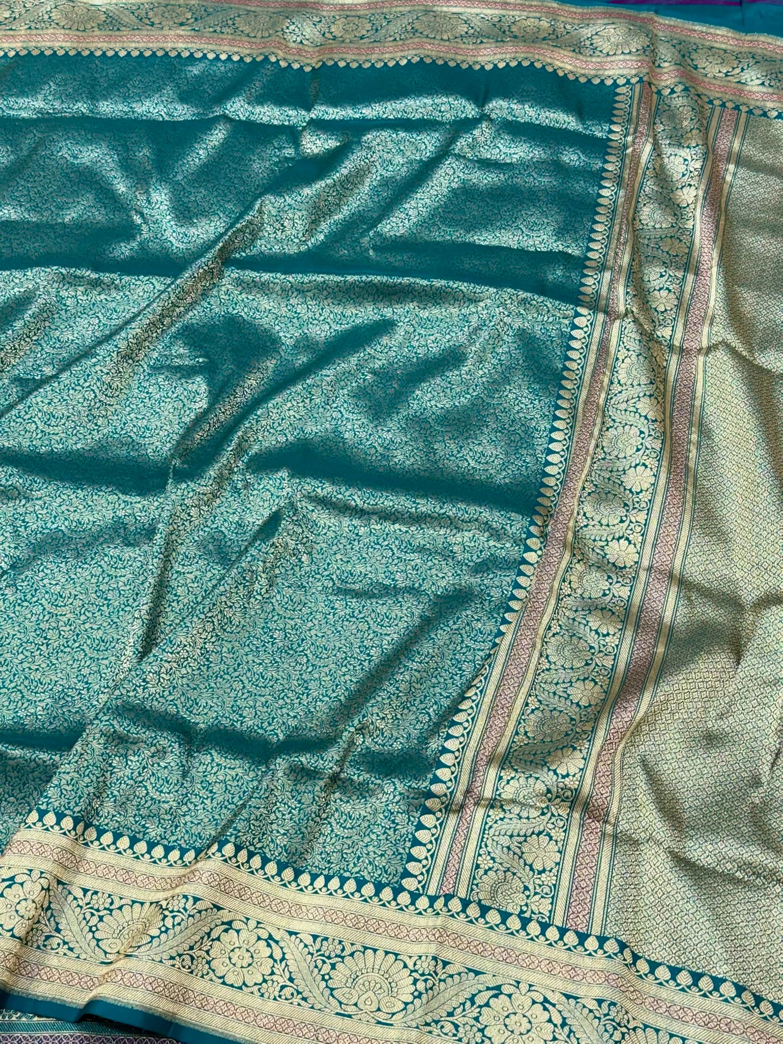 Teal Green Pure Katan Mulberry Silk Handwoven | Kadhwa Weave | Banarasi Brocade Saree