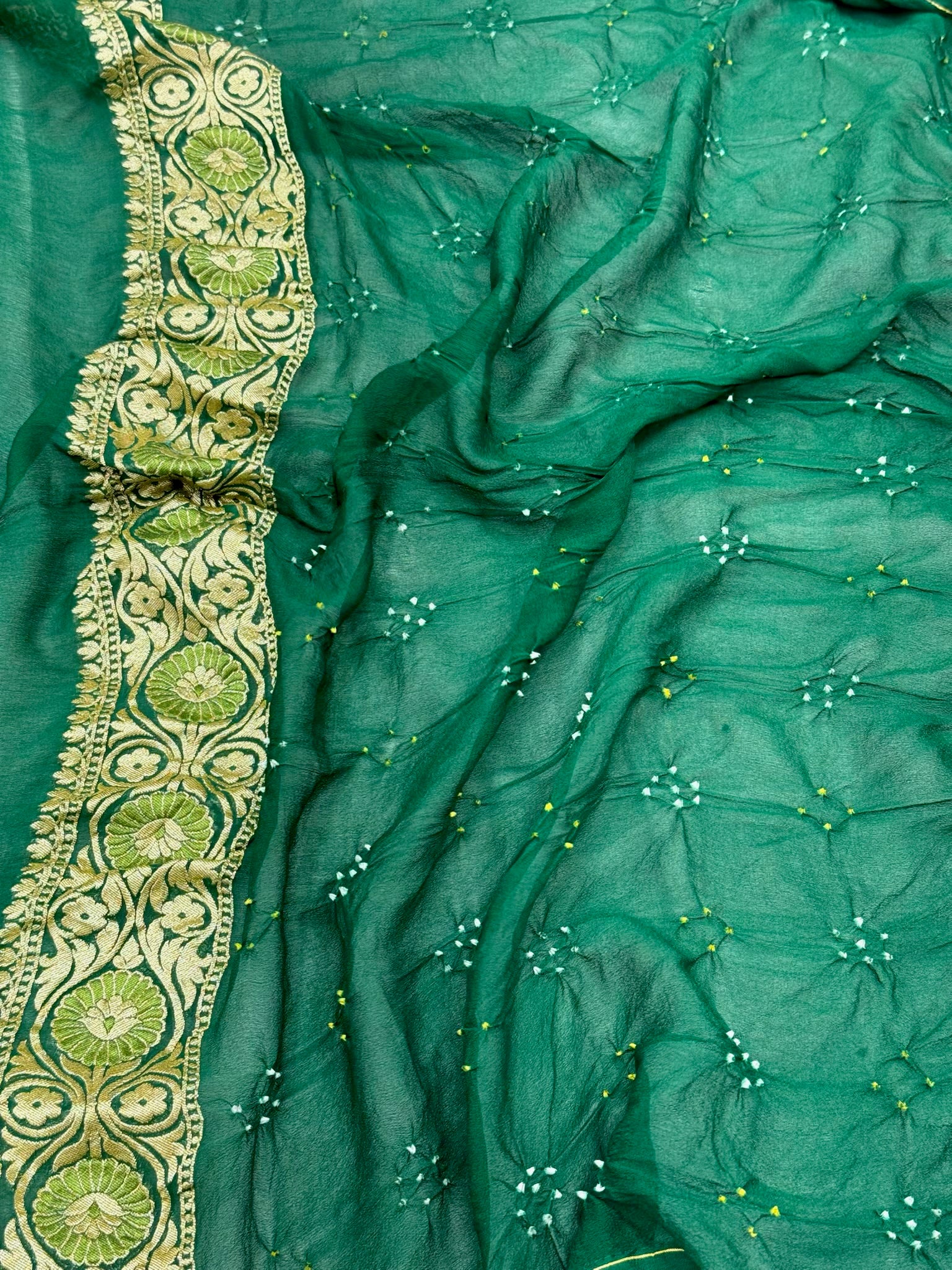 Bottle Green Pure Chiffon Georgette Handloom Banarasi Bandhej Soft Drape Lightweight Banarasi Saree