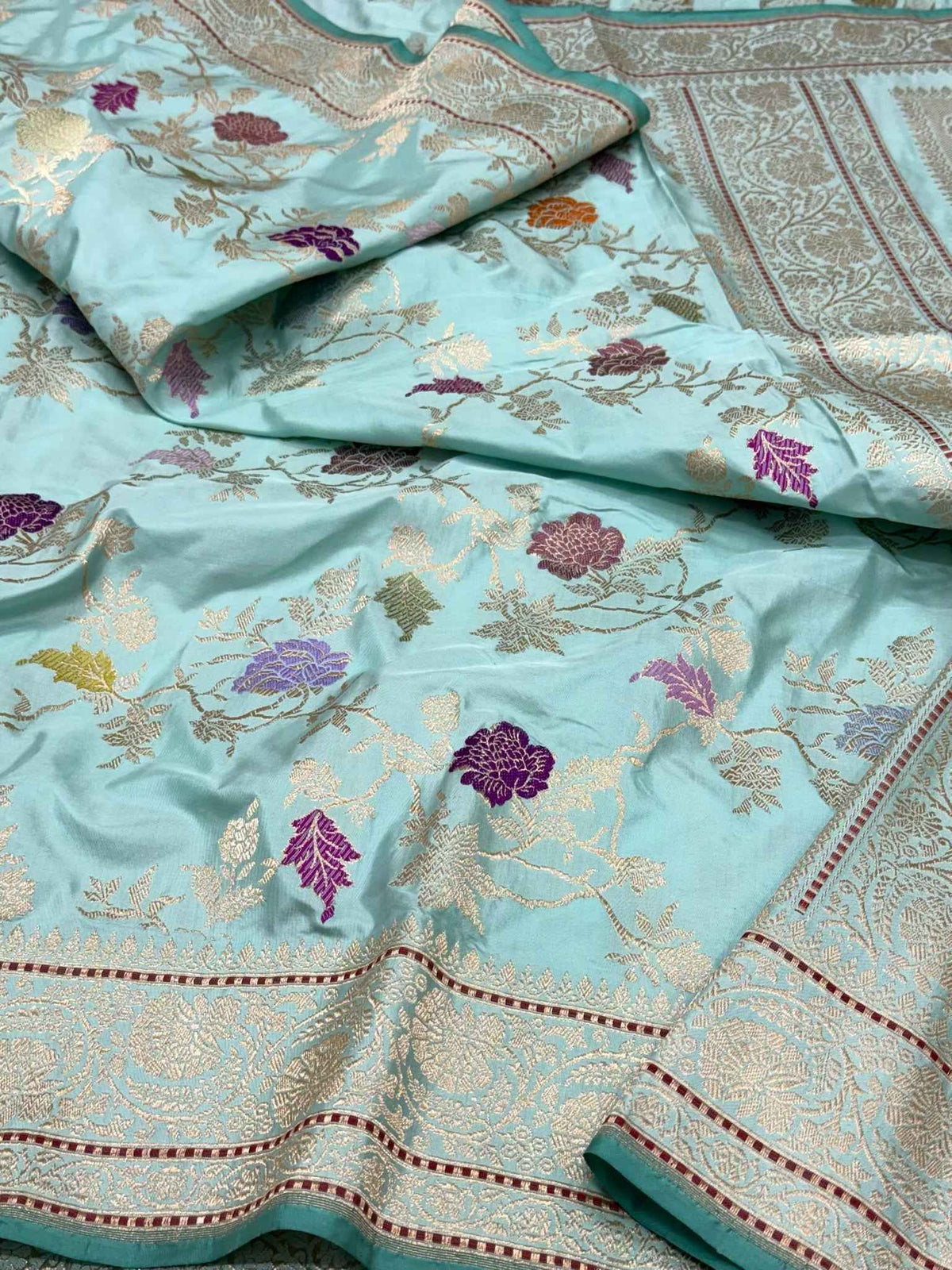 Sky Blue Premium Banarasi Handwoven | Kadhwa Technique | Pure Double Katan Mulberry Silk Saree