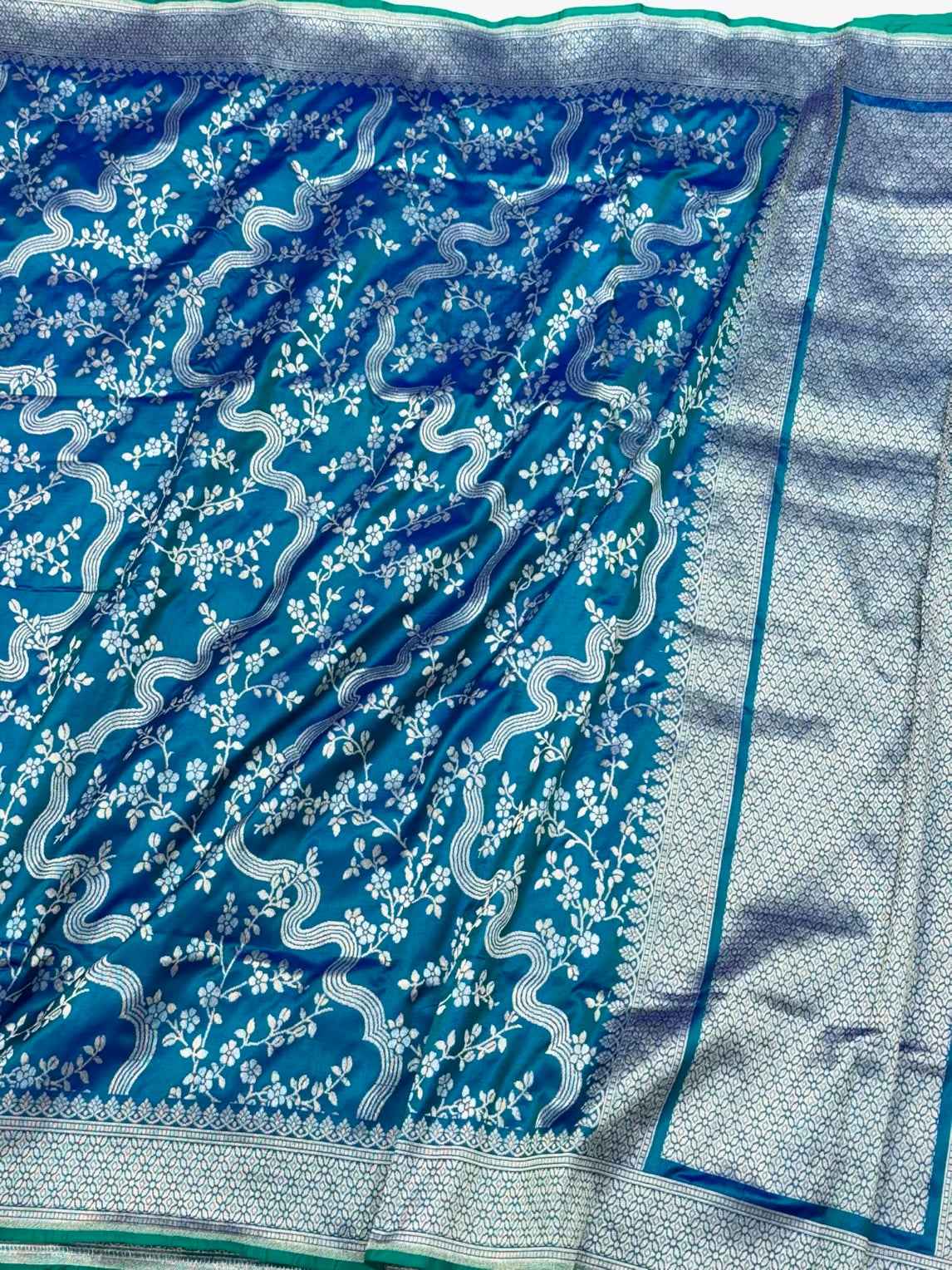 German Blue Pure Katan Mulberry Silk Handloom Banarasi Silk Saree