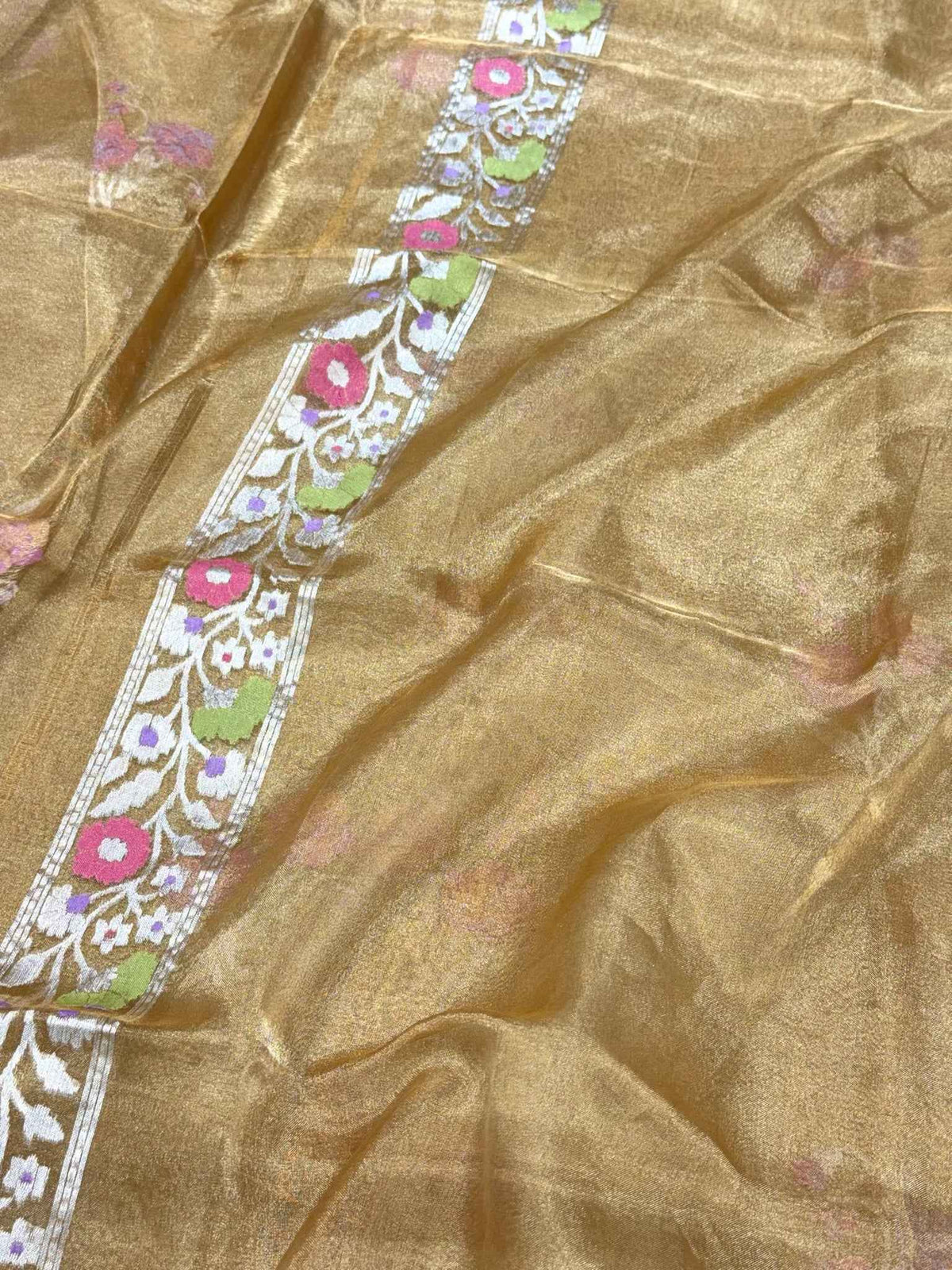 Molten Gold Pure Tissue Silk Jamdani | Kadhwa Ektara Weave | Handwoven Banarasi Saree - Soft Drape Lightweight Saree