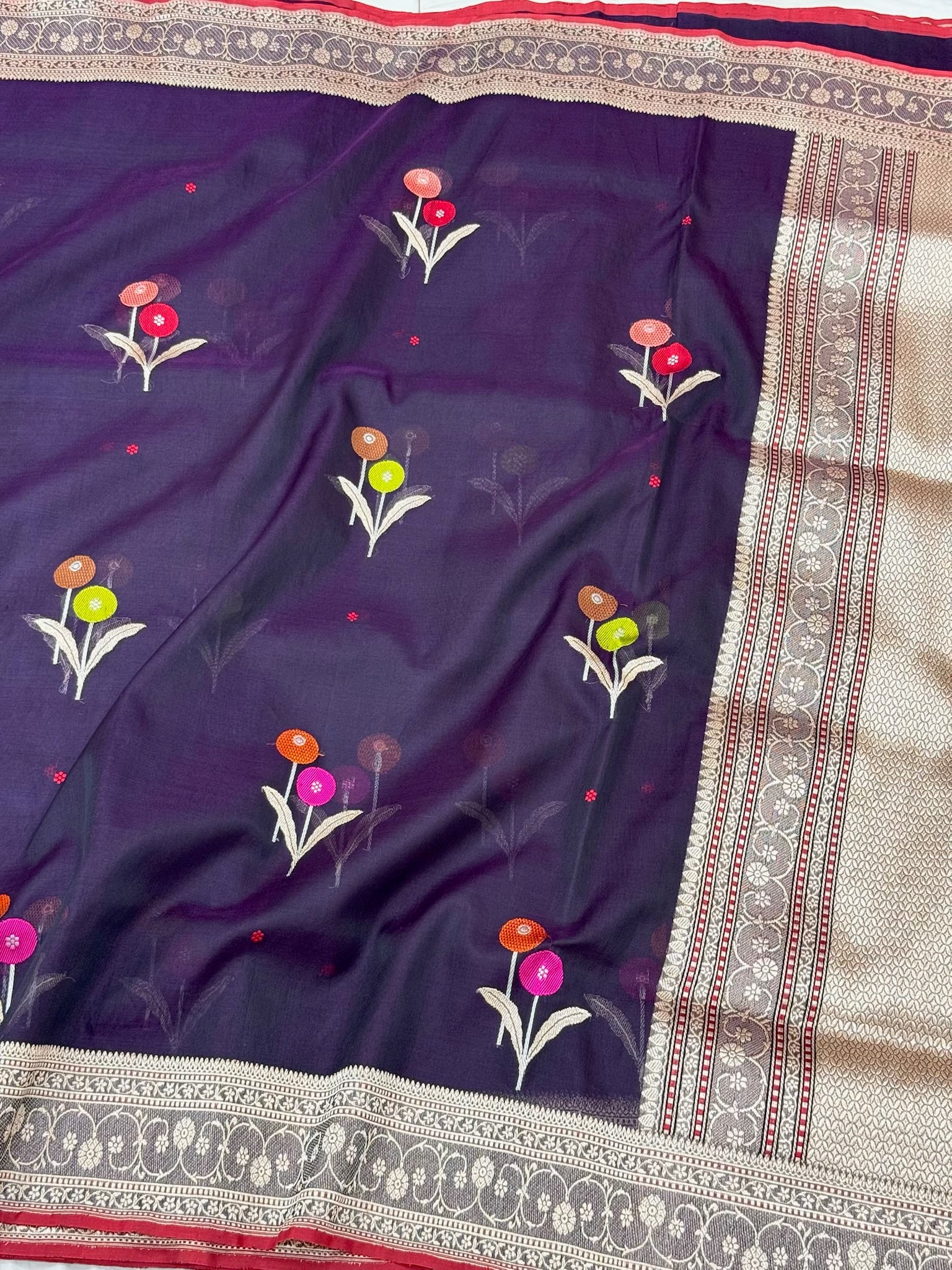 Dark Violet Pure Mulberry Kora Silk Handwoven Authentic Banarasi Modern Saree - Kadhwa Ektara Weave