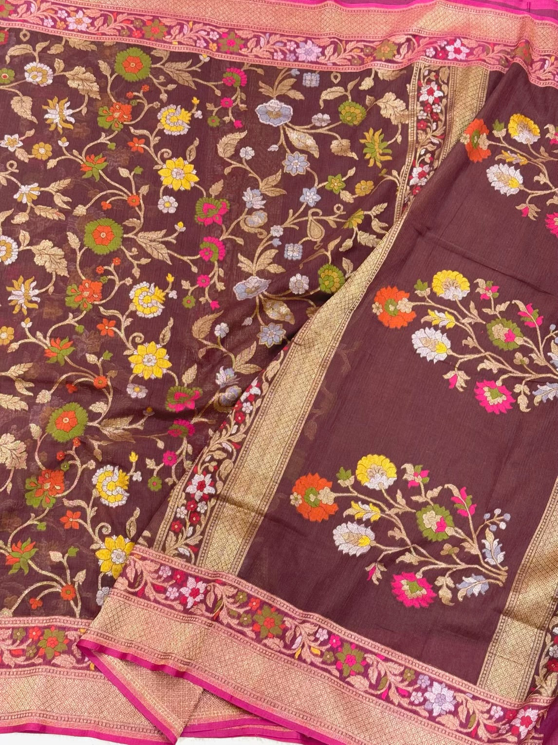 Chocolate Brown Pure Muslin Cotton Jamdani Handloom Banarasi Saree |Ektara Weave|