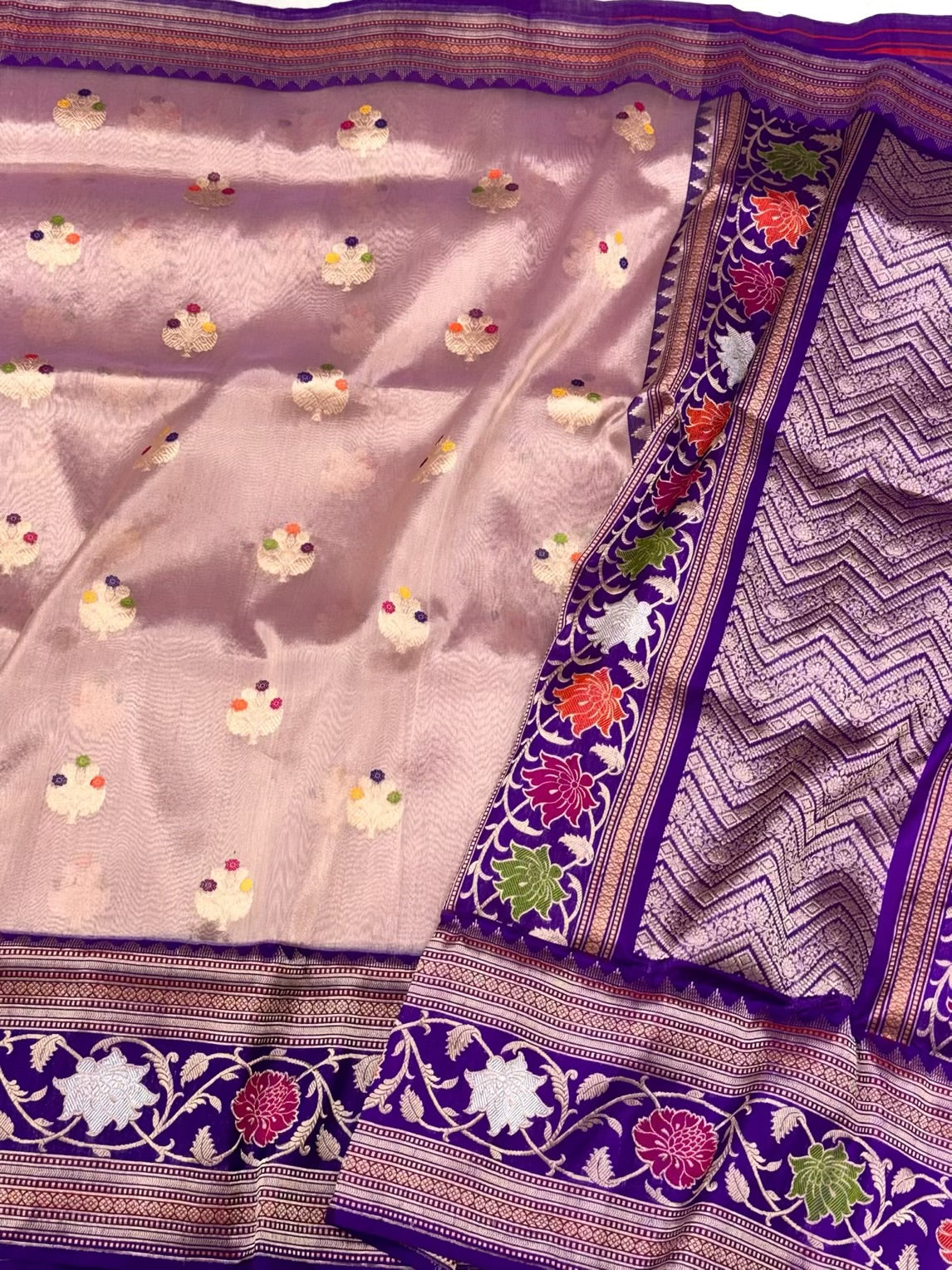 Rose Gold Pure Kora Silk & Pure Tissue Silk Handwoven Banarasi Saree
