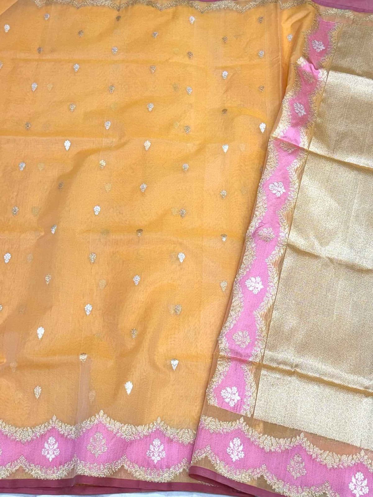 Light Orange Pure Kora Mulberry Silk | Kadhwa Technique | Handwoven Banarasi Saree