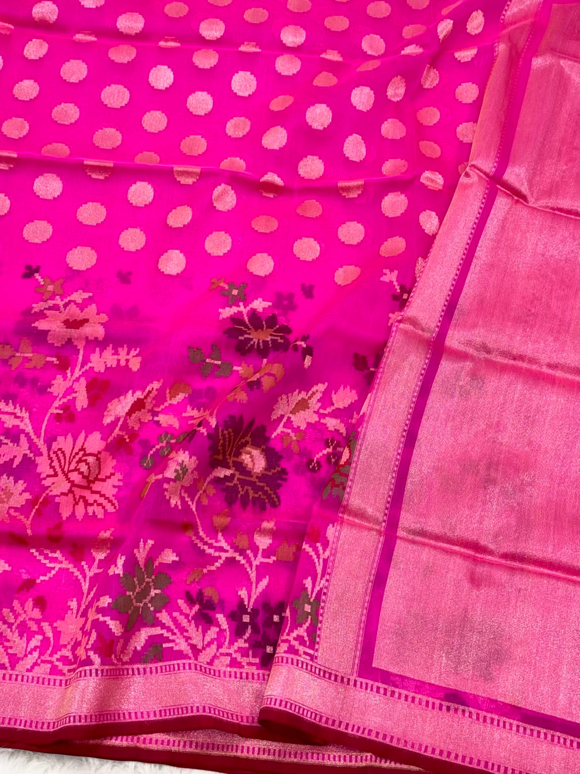 Fluorescent Pink Pure Kora Organza Silk Handwoven Banarasi Saree