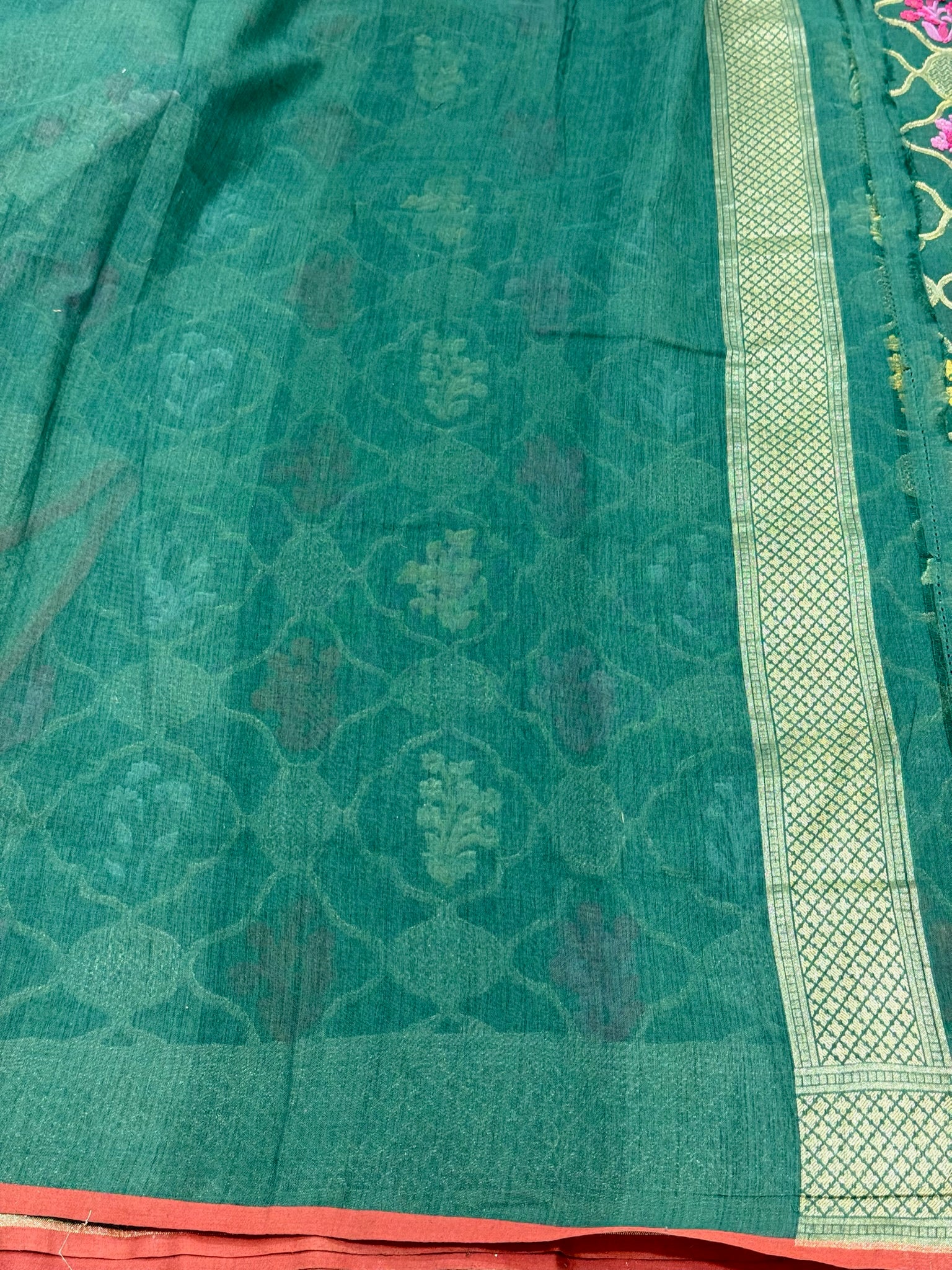 Emerald Green Pure Muslin Cotton Jamdani Ektara Weave Handloom Banarasi Saree