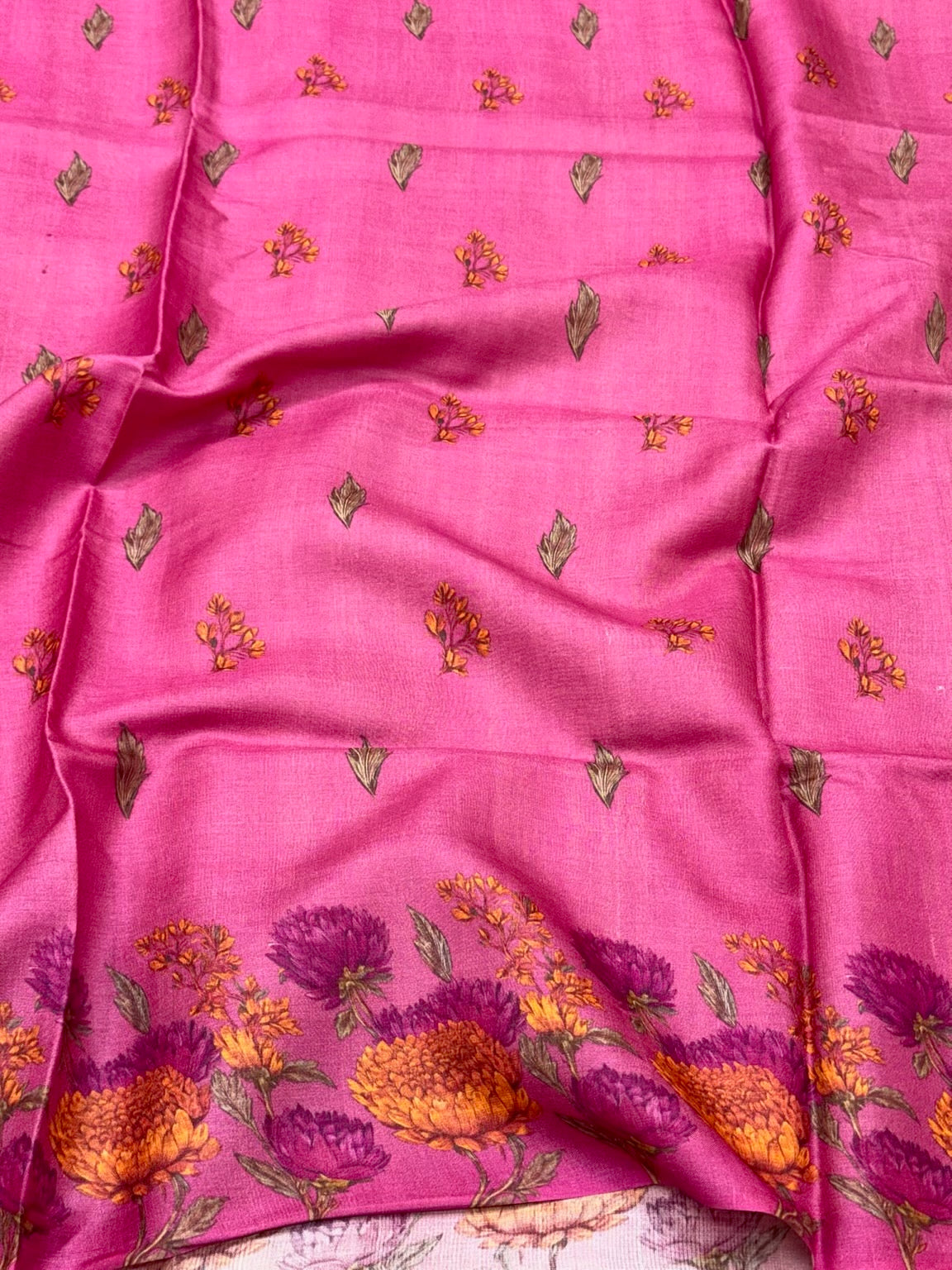 Fluorescent Pink Pure Tussar Silk Handloom Printed Banarasi Saree - Soft Lightweight Banarasi Saree