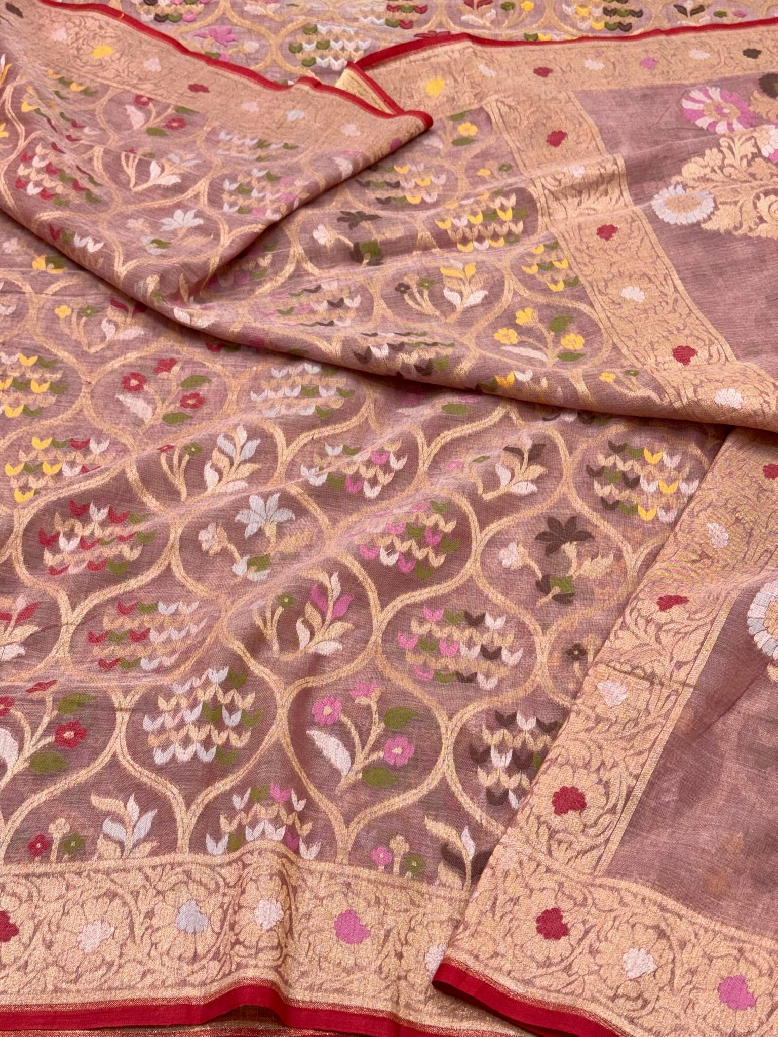 Mauve Pink Pure Muslin Cotton Jamdani Ektara Handloom Banarasi Saree