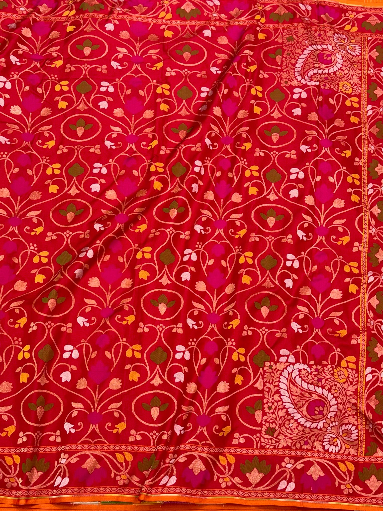 Deep Red Pure Mulberry Double Katan Silk Jamdani Handloom Banarasi Saree | Ektara Weave |