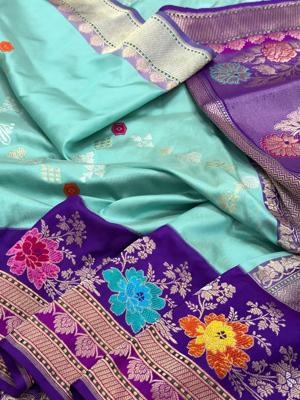 Aqua Green/Purple Pure Katan Mulberry Silk Handwoven Ektara Banarasi Silk Saree