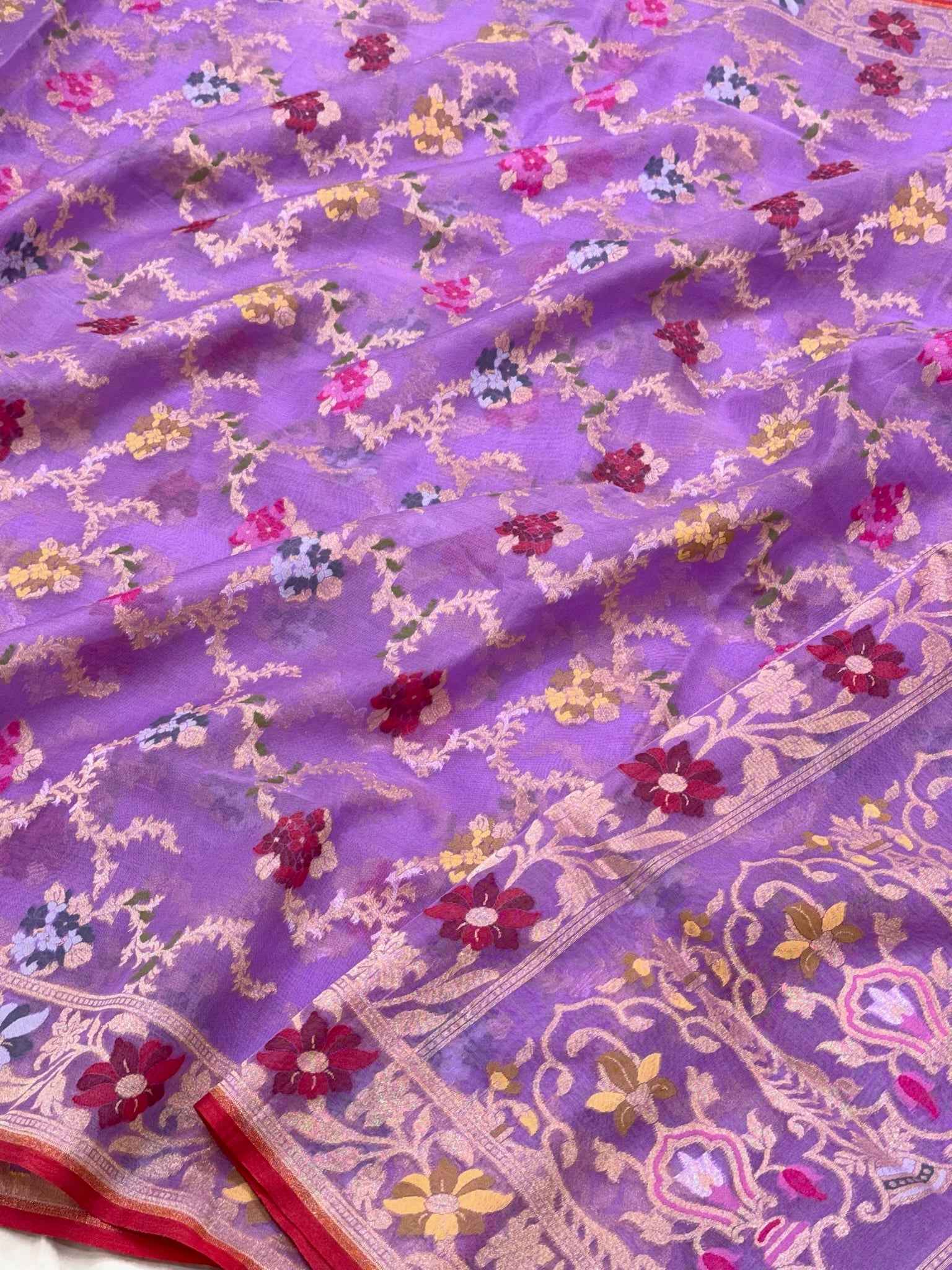 Lavender Pure Mulberry Kora Silk Handloom Jamdani | Ektara Weave | Banarasi Saree