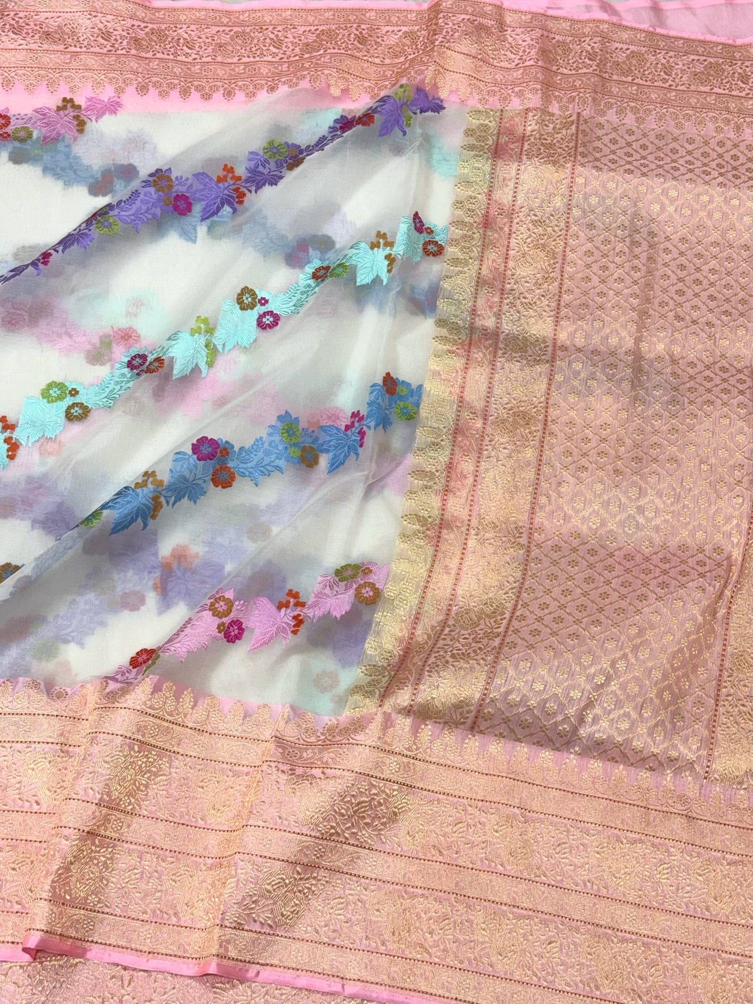 Pearl White/Candy Pink Pure Mulberry Kora Organza Silk Handwoven - Kadhwa Technique Elegant Modern Banarasi Saree | Effortless Drape