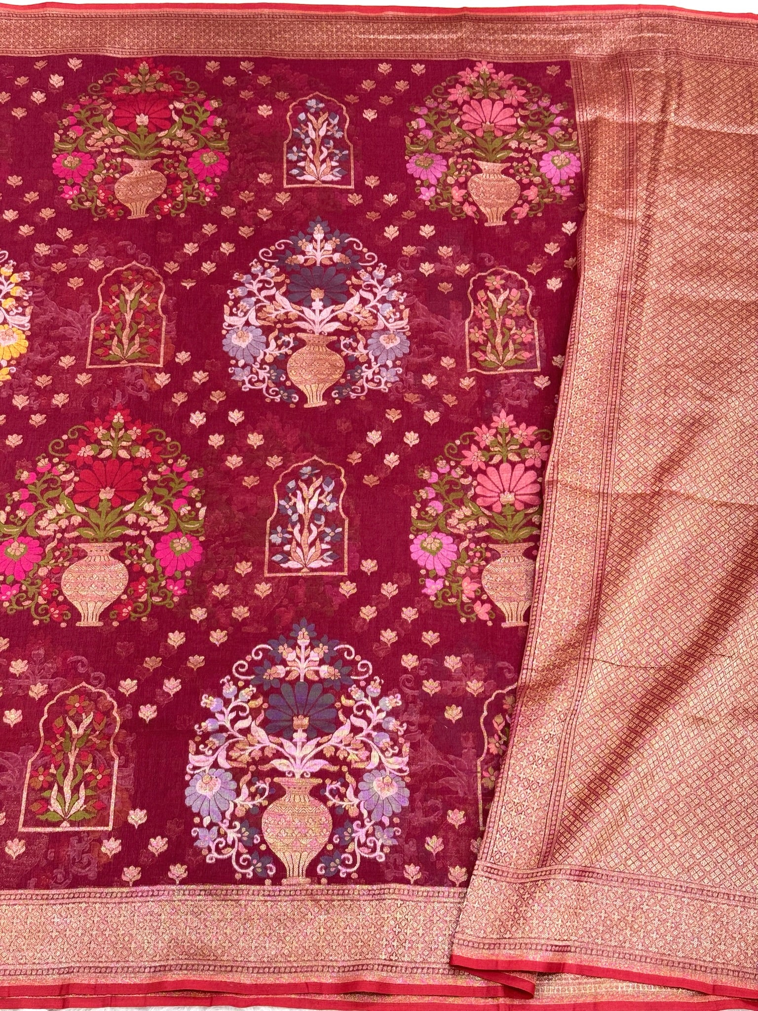 Berry Pure Muslin Cotton Jamdani Ektara Weave Handloom Banarasi Saree