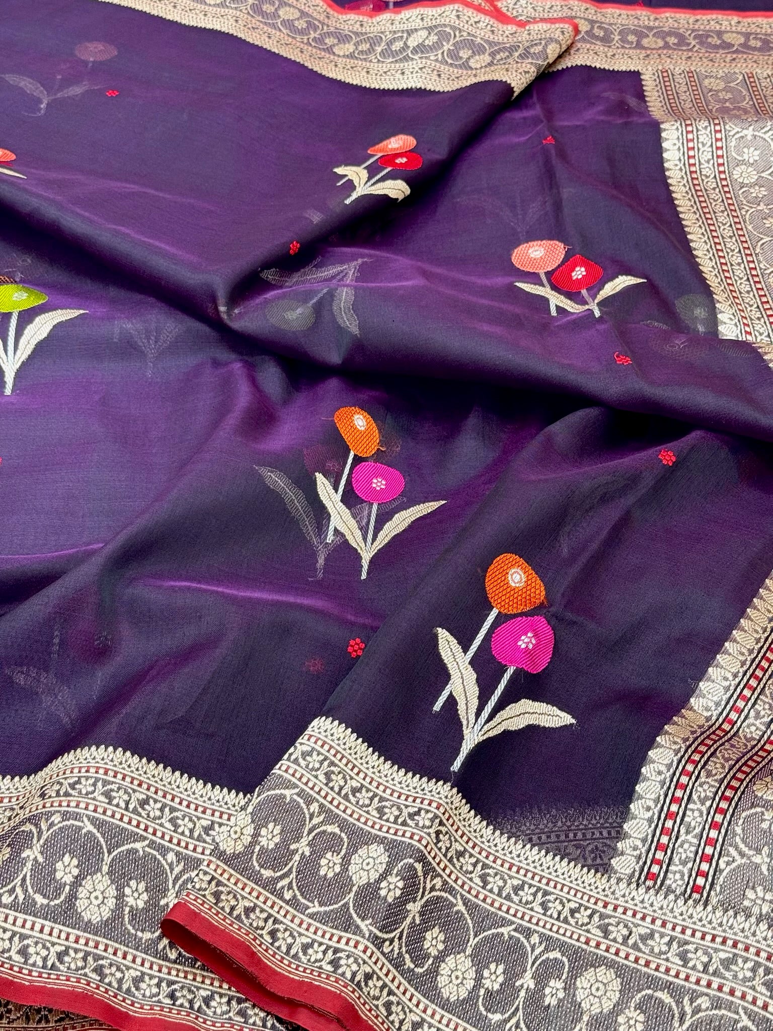Dark Violet Pure Mulberry Kora Silk Handwoven Authentic Banarasi Modern Saree - Kadhwa Ektara Weave