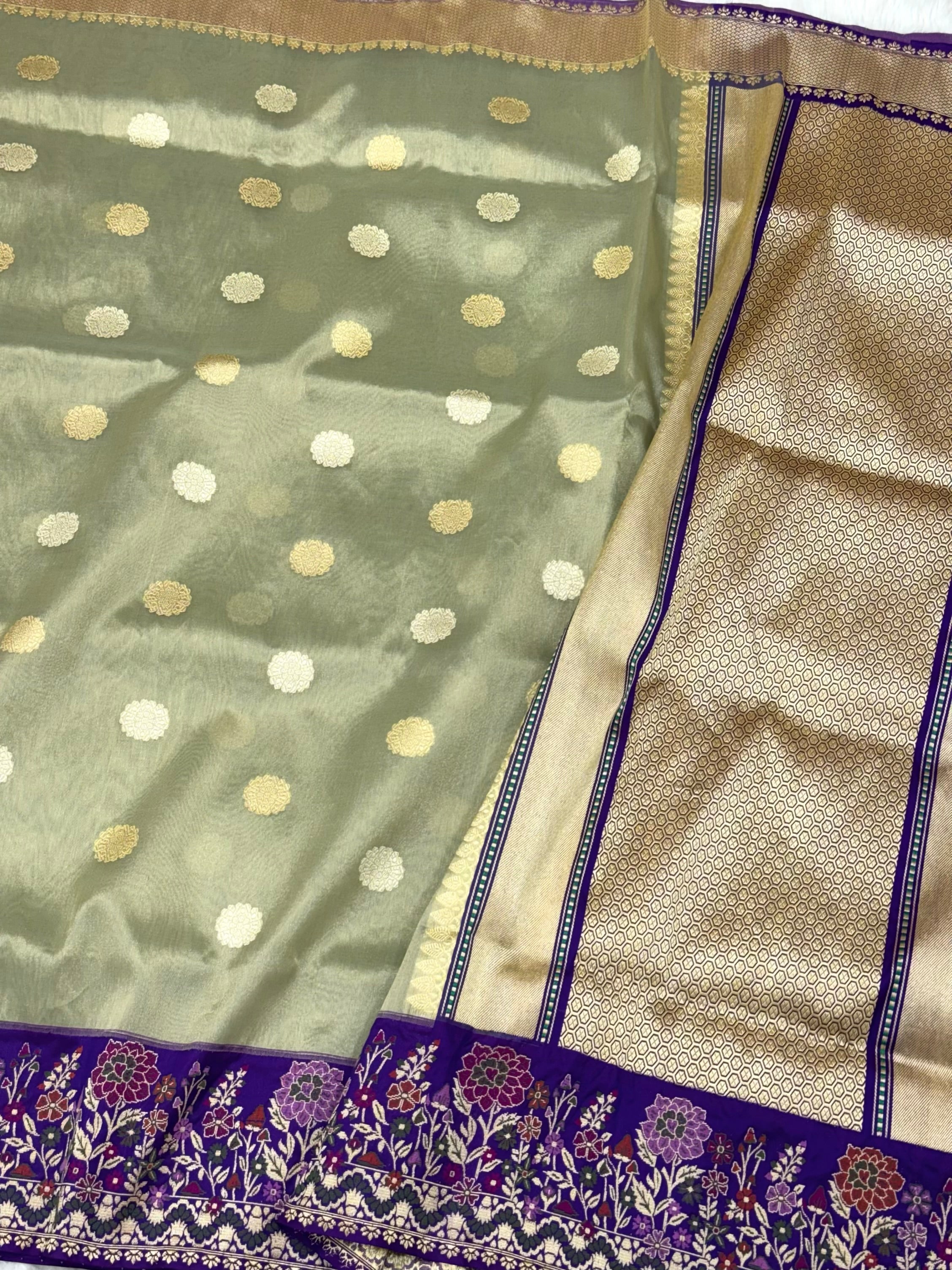 Pista Green Pure Kora Tissue Silk Handwoven Banarasi Saree