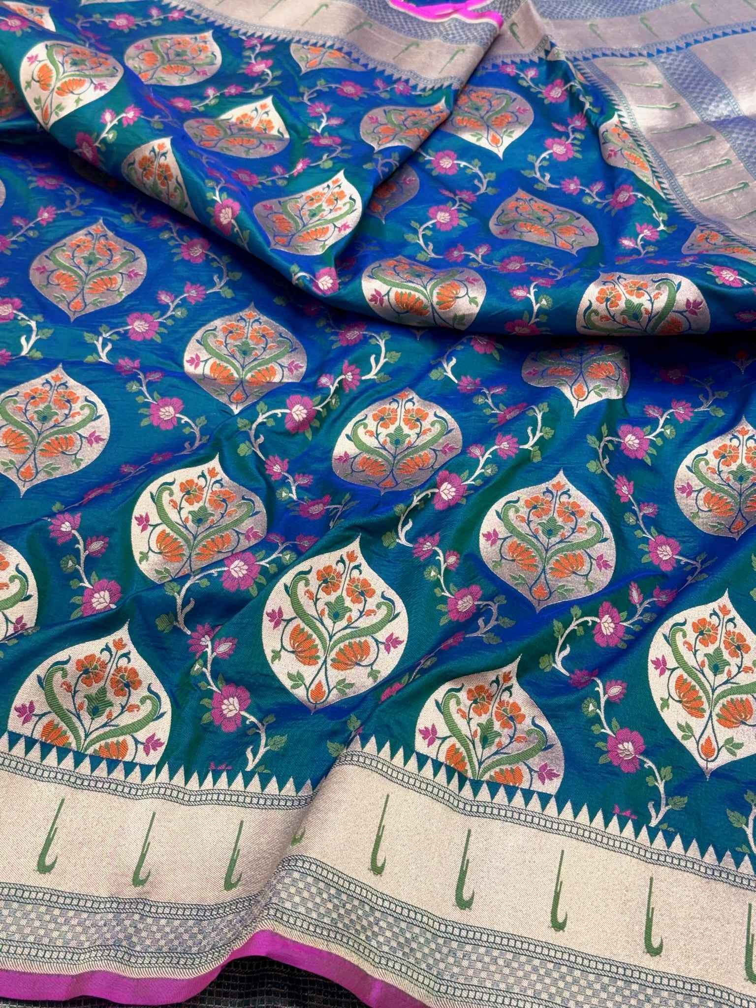 German Blue Pure Katan Silk & Pure Mulberry Silk Handloom Banarasi Saree