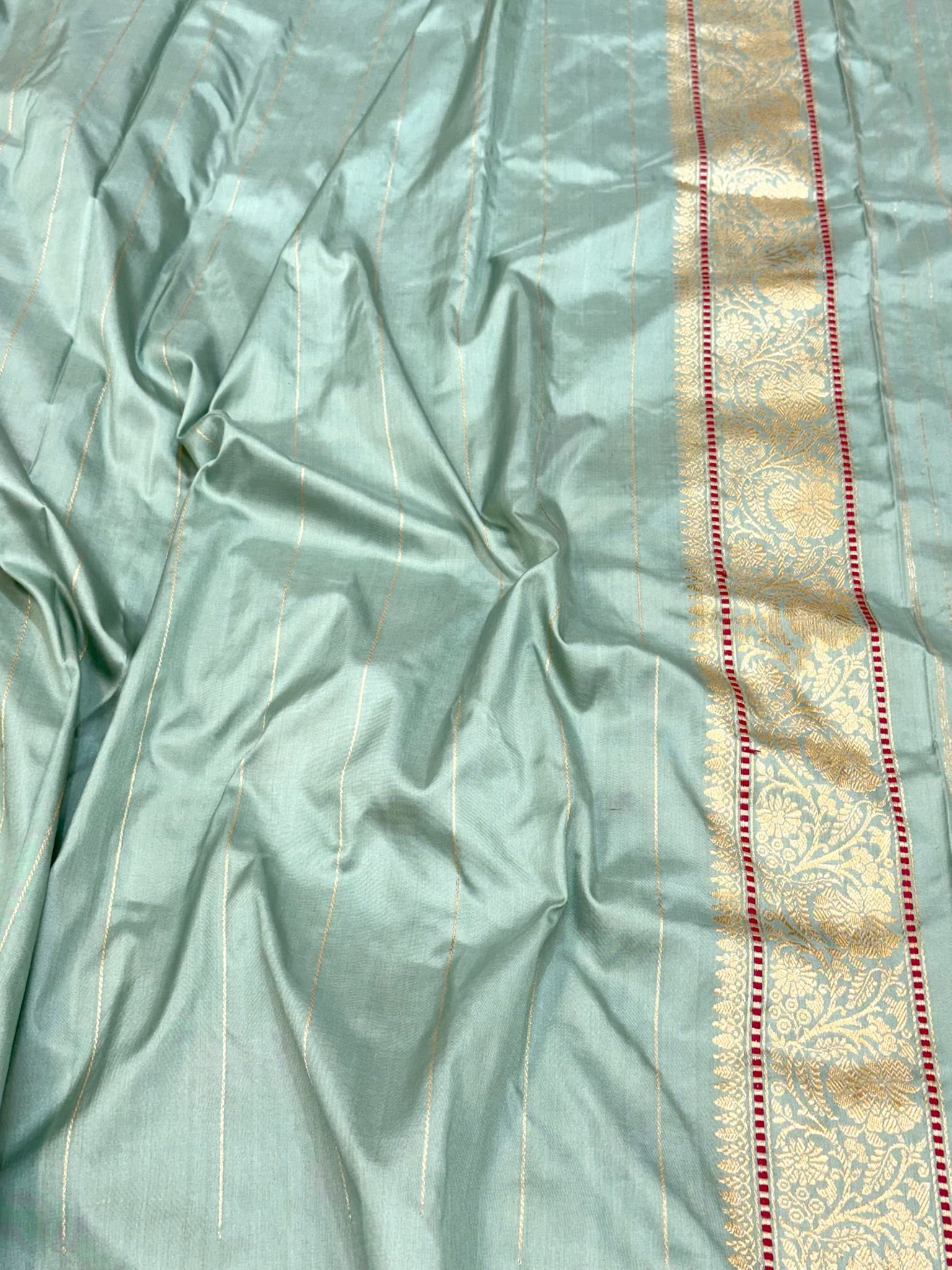 Dusty Sea Green Pure Double Katan Mulberry Silk | Kadhwa Technique | Handwoven Modern Authentic Banarasi Saree