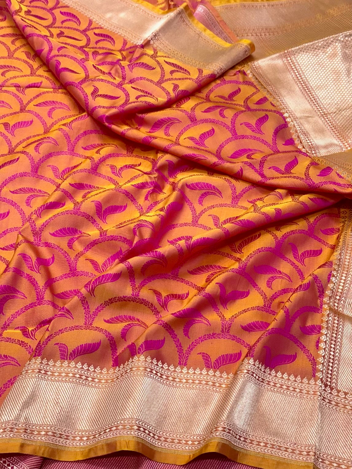Yellowish Pink Pure Mashru Satin Silk Handwoven Banarasi Saree