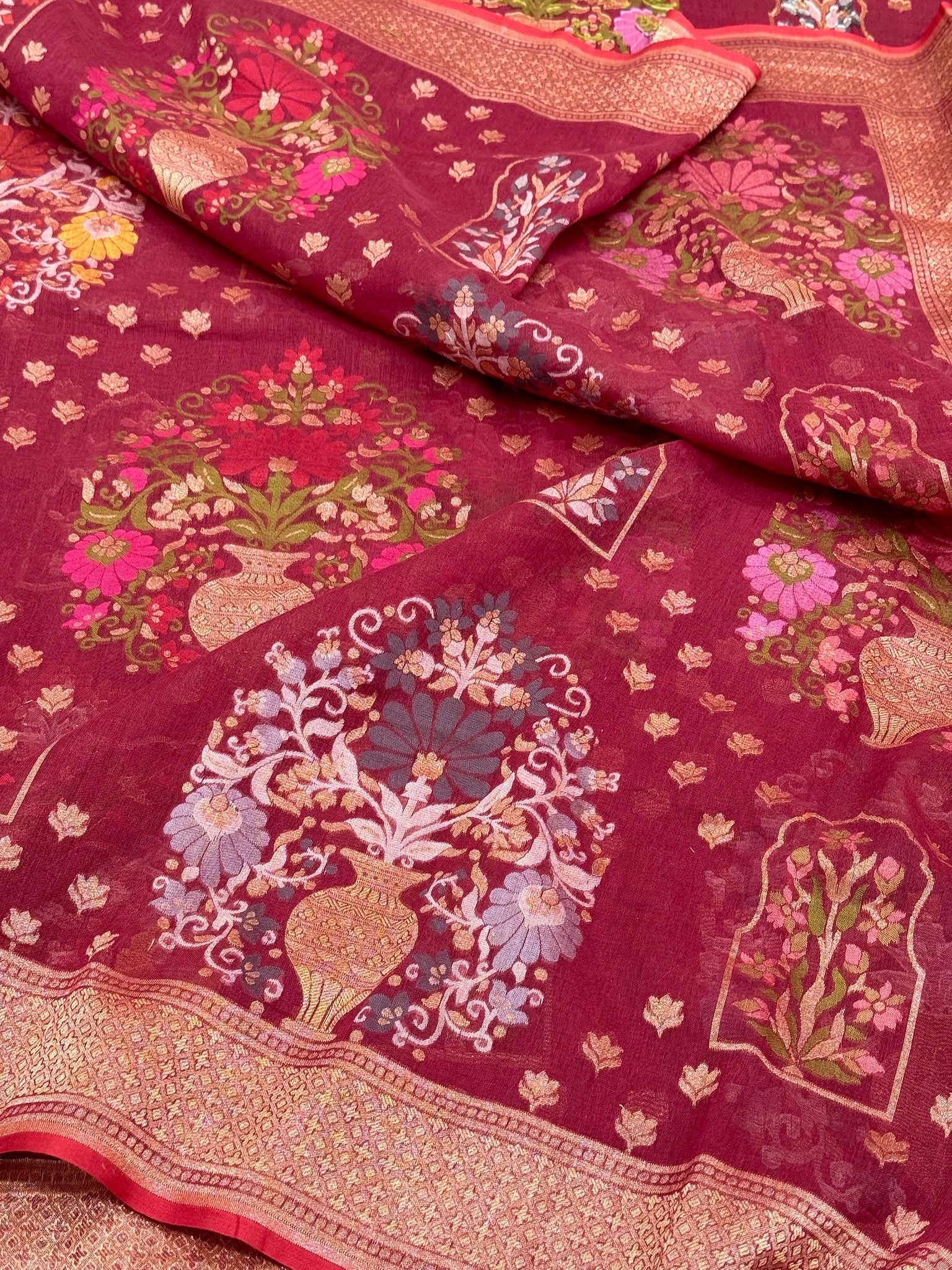 Berry Pure Muslin Cotton Jamdani Ektara Weave Handloom Banarasi Saree