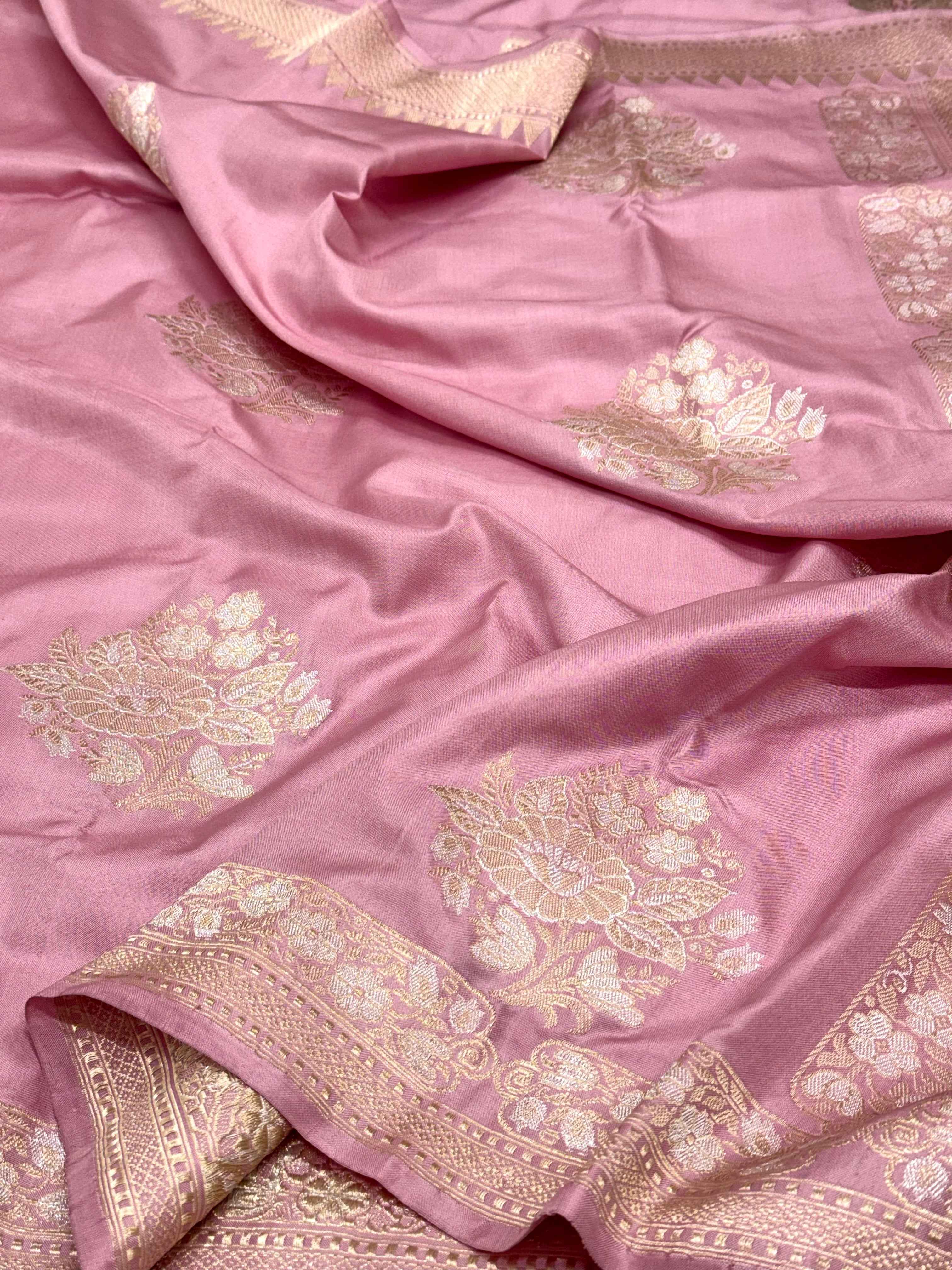 Pastel Pink Pure Katan Silk Handwoven Banarasi Saree | Contemporary Design | Skirt Pallu