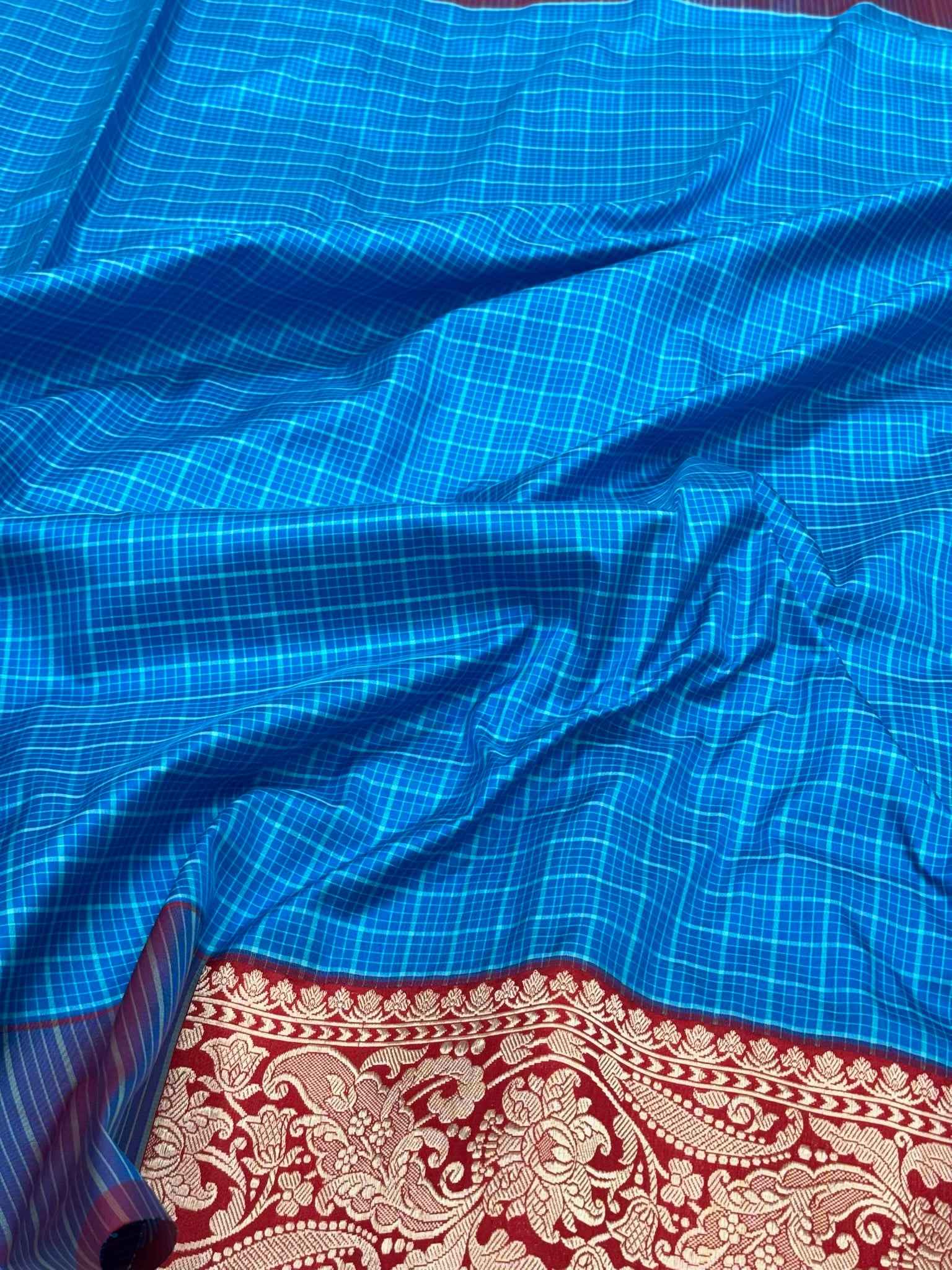 German Blue Handwoven Banarasi Checks Saree | Pure Mulberry Katan Silk - Contemporary Kadhwa Banarasi Saree