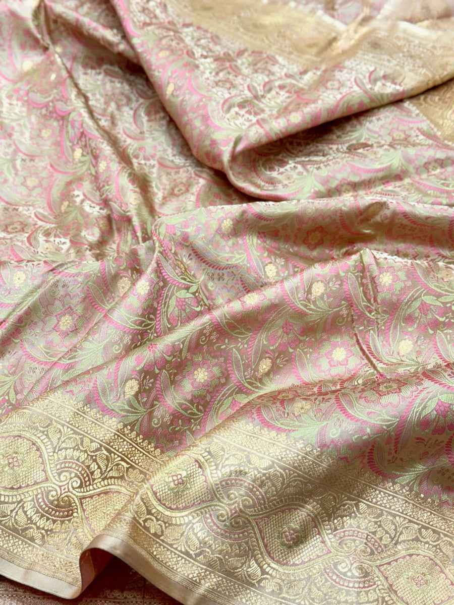 Beige Pure Satin Silk Handwoven Soft Drape Banarasi Saree