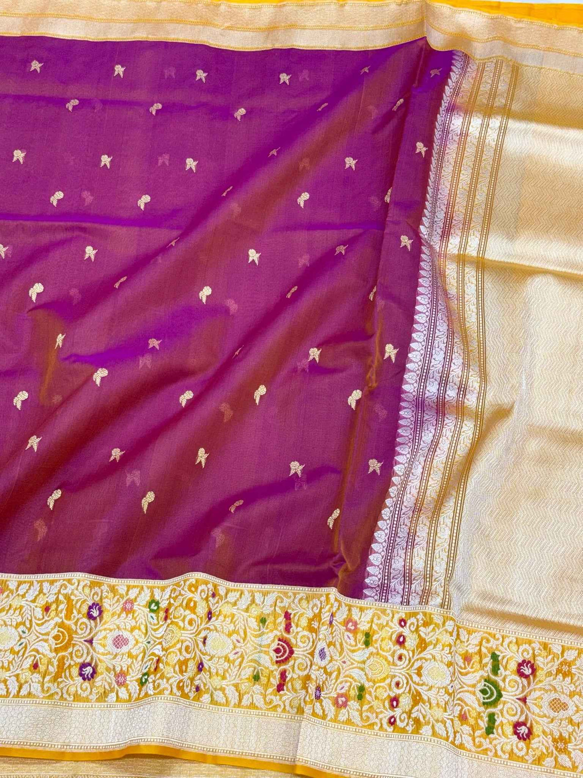Purple/Dual Tone Pure Kora Mulberry Silk Handwoven Modern Contemporary Banarasi Saree