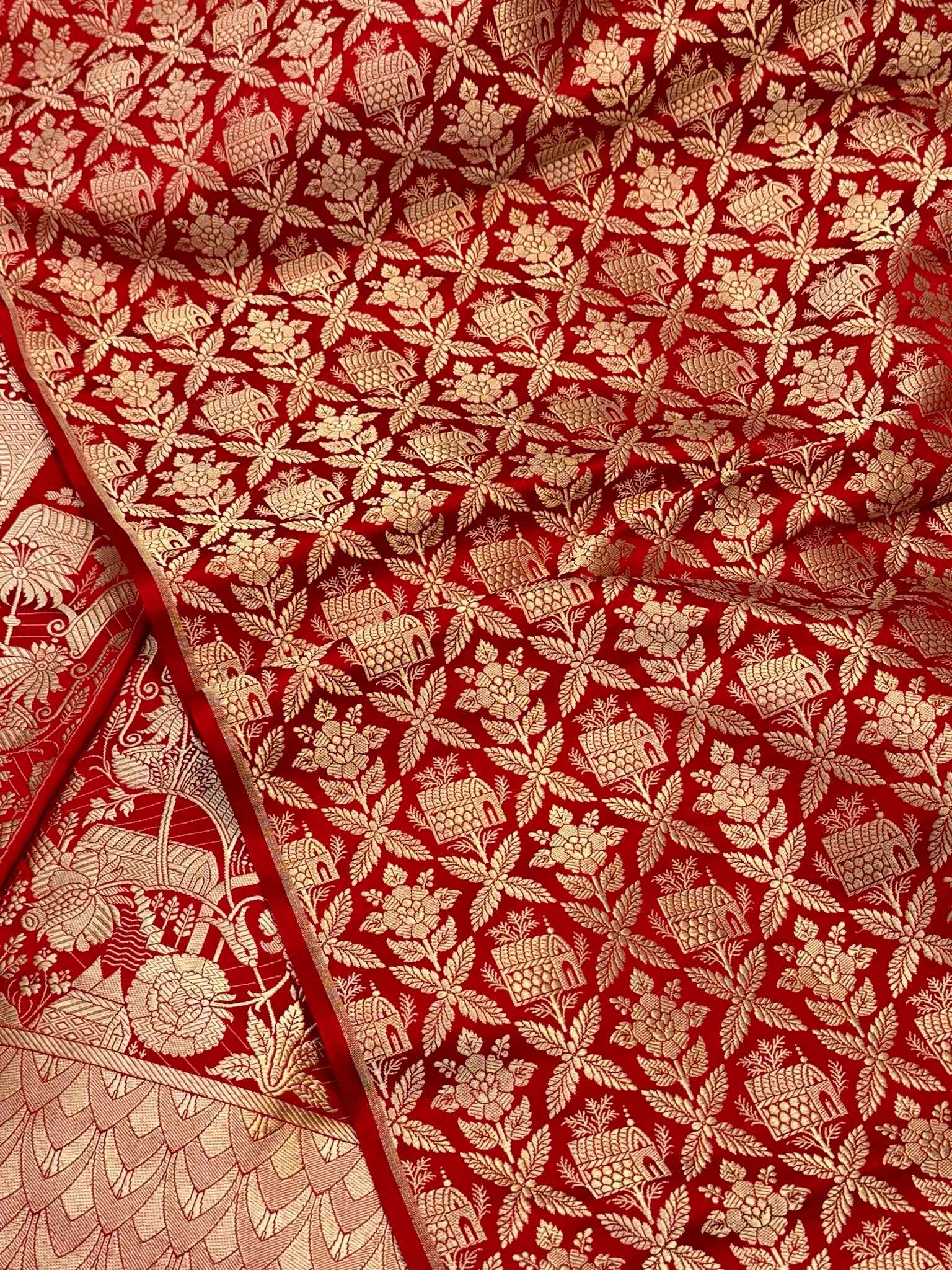 Red Satin Silk Pure Handwoven Lahenga