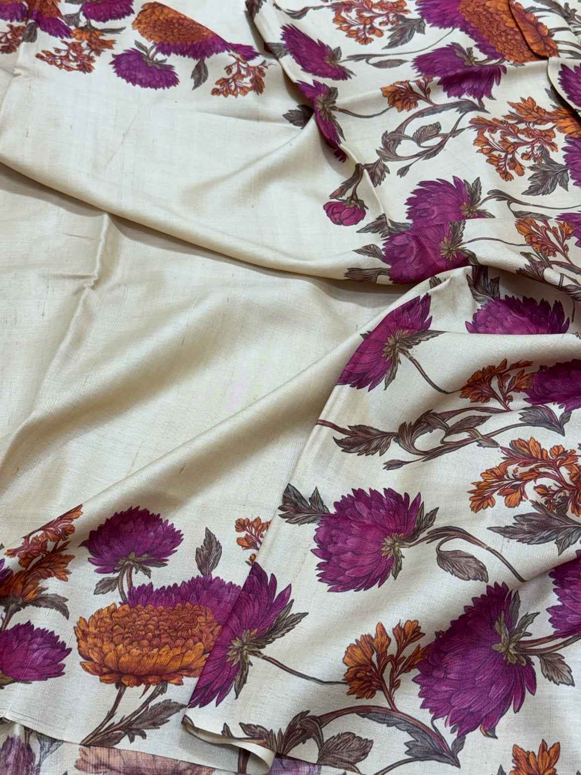 Ivory Pure Tussar Silk Handloom Printed Banarasi Saree - Soft Lightweight Banarasi Saree