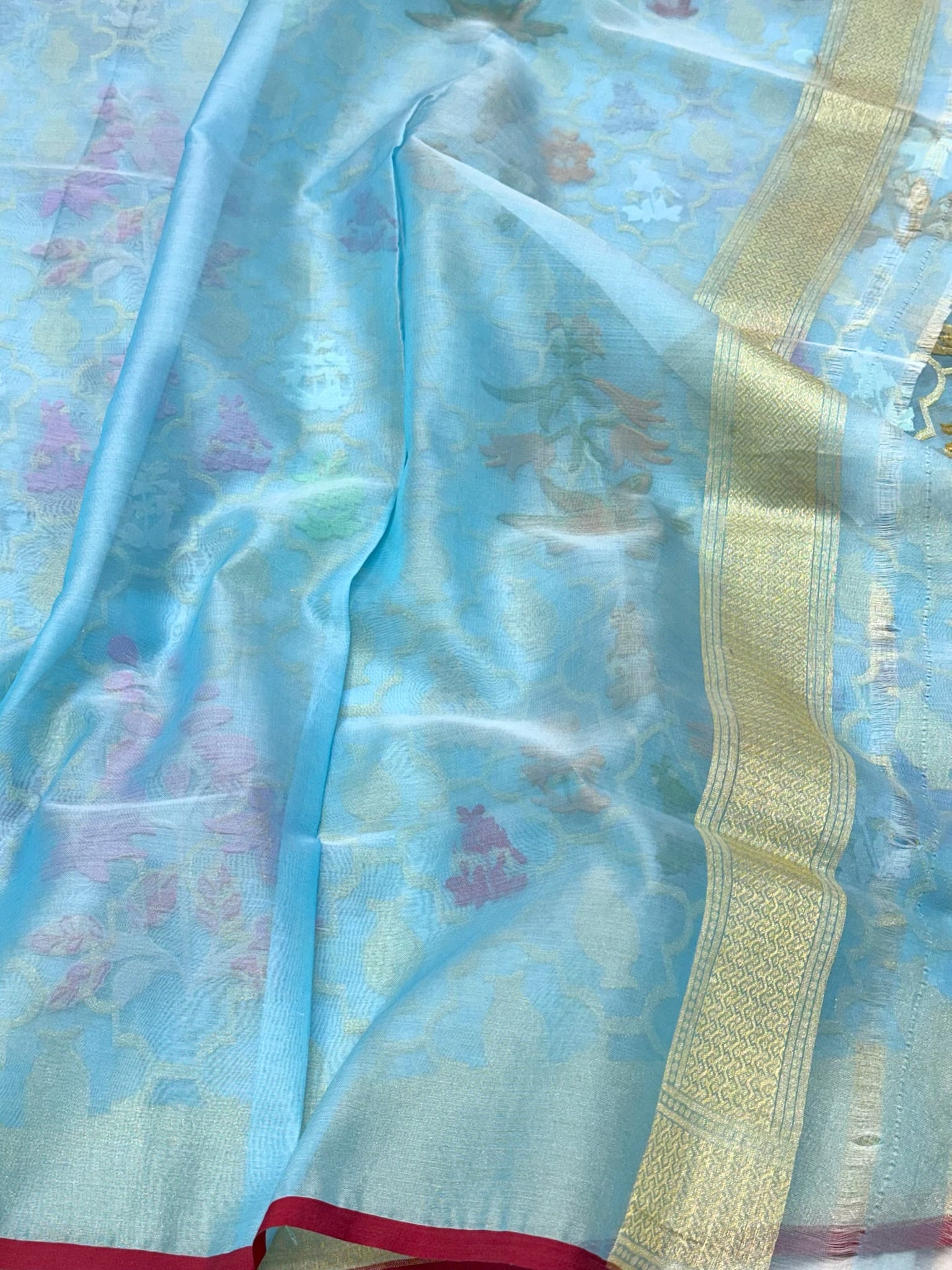Sky Blue Pure Mulberry Kora ( Organza ) Silk Ektara Jamdani Handloom Banarasi Saree
