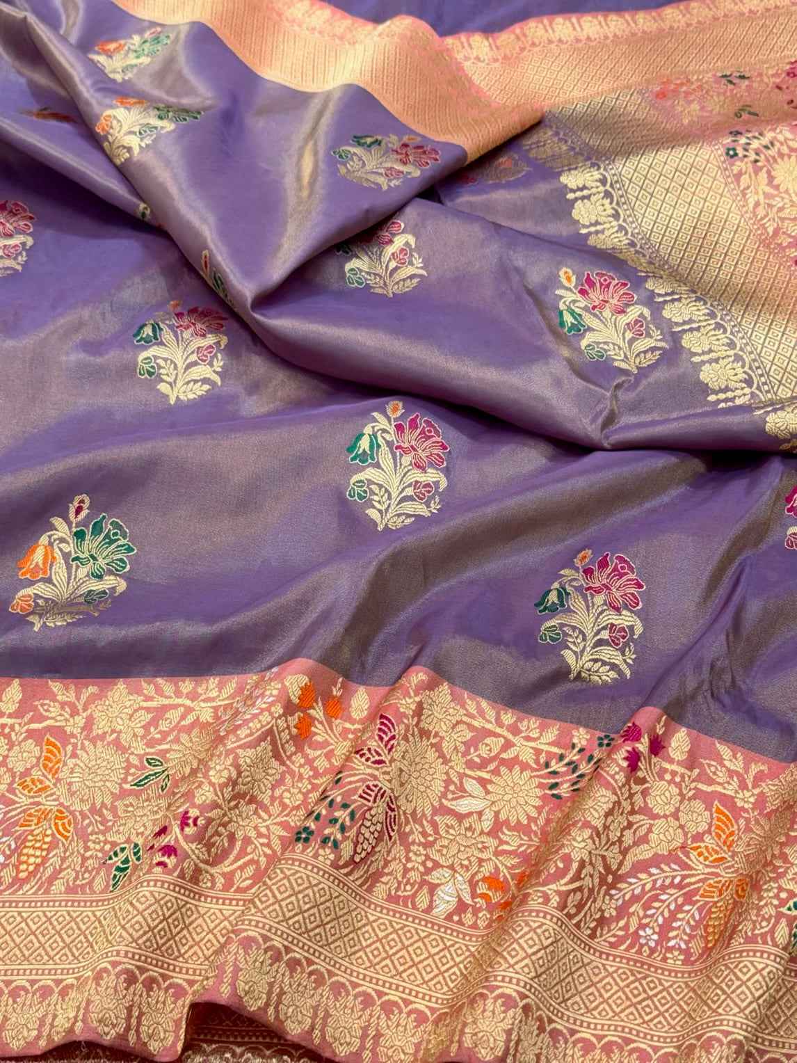 lavender Pure Double Katan Silk Saree | Kadhwa Weave | Pure Tissue Silk Handwoven Banarasi Saree