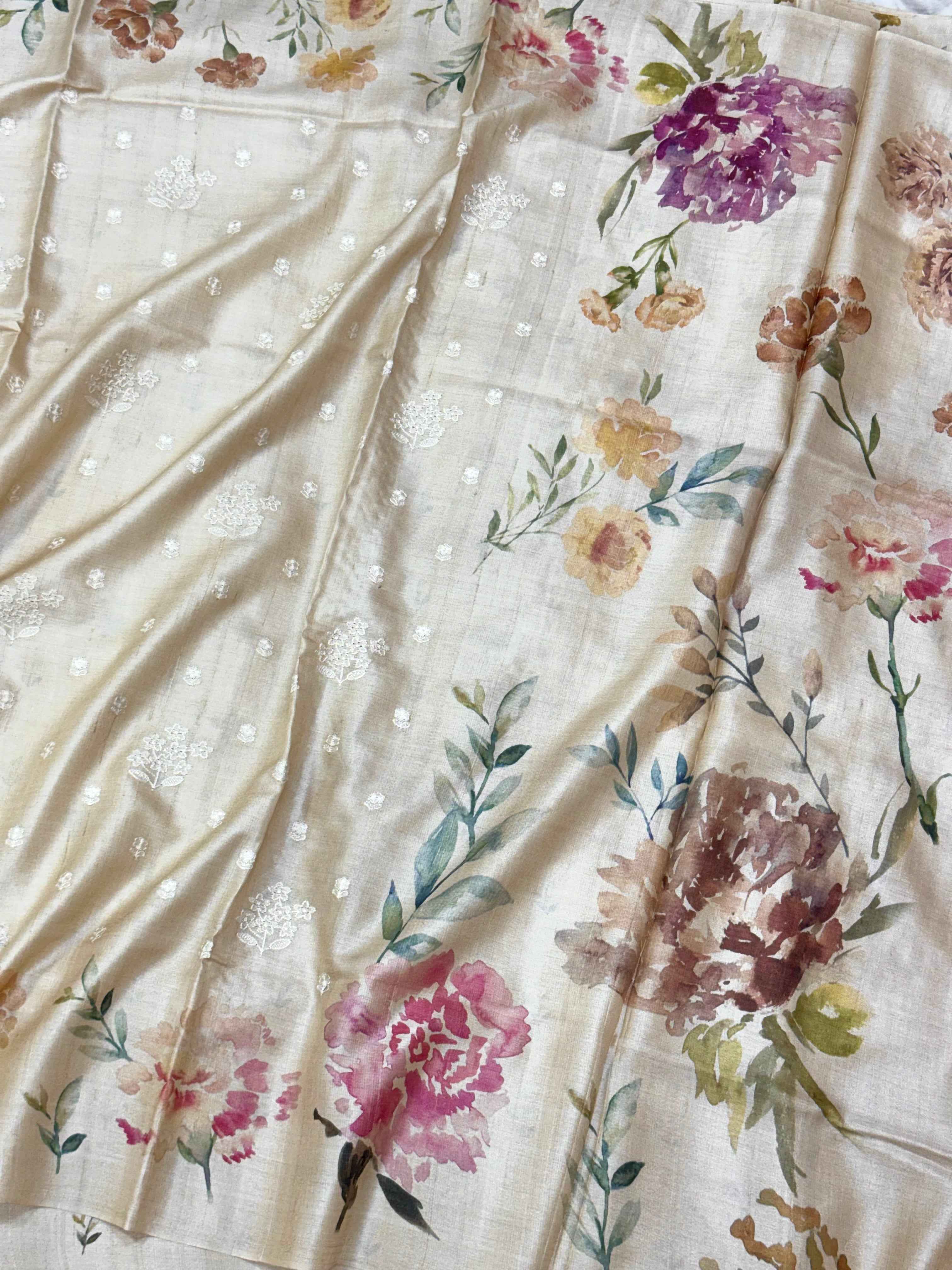 Ivory Pure Tussar Silk Handloom Printed with Embroidery Banarasi Saree - Soft Lightweight Banarasi Saree