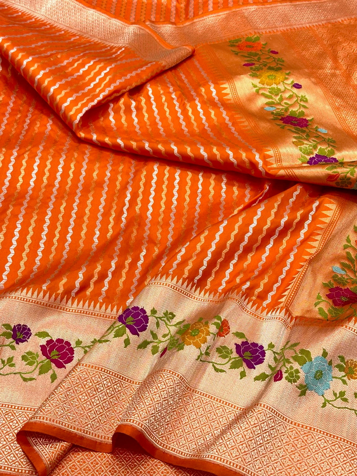 Orange Pure Katan Silk & Pure Mulberry Silk | Traditional Kadhwa Technique | Handwoven Banarasi Saree