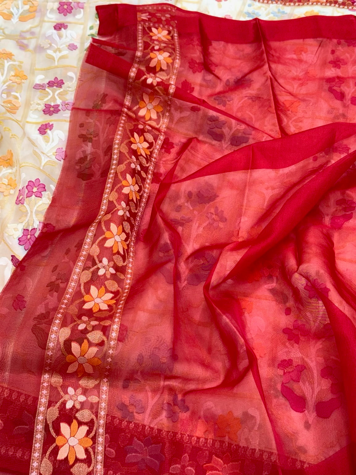 Pearl White Pure Kora Silk Ektara Technique Handloom Lightweight Banarasi Saree