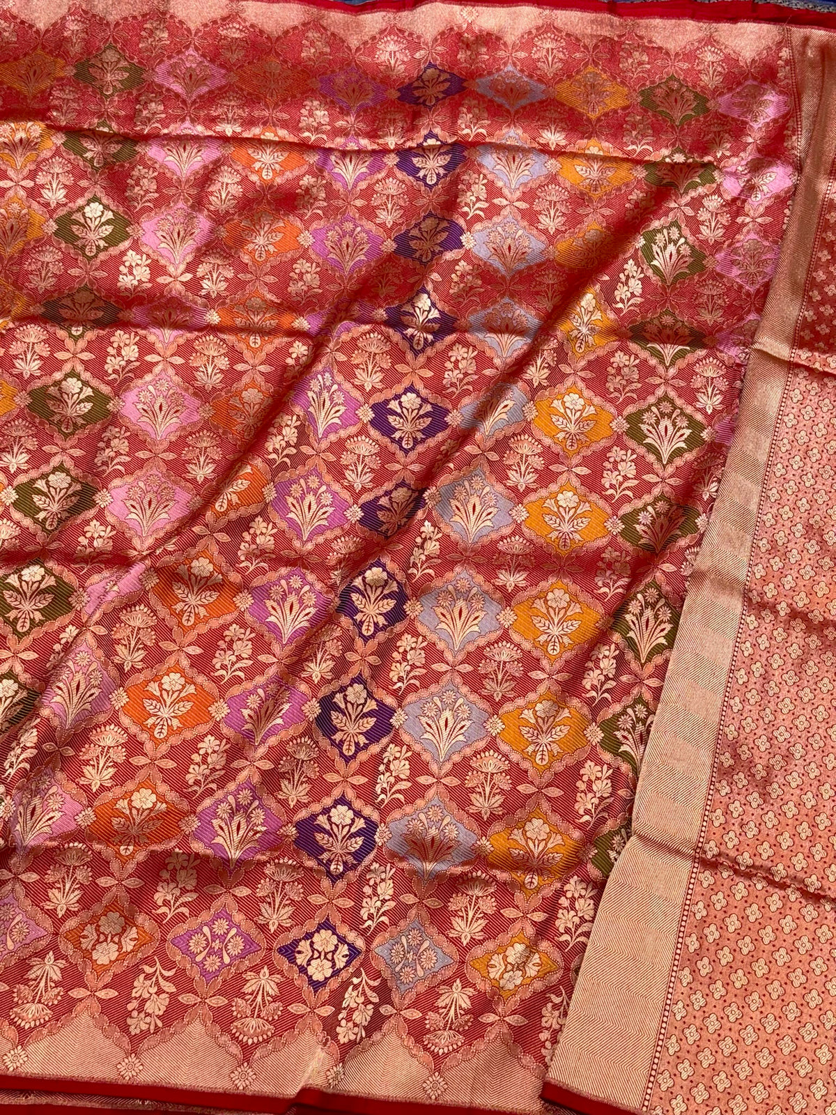 Red Pure Katan Mulberry Silk Handloom Banarasi Saree - Modern Rangkaat Saree