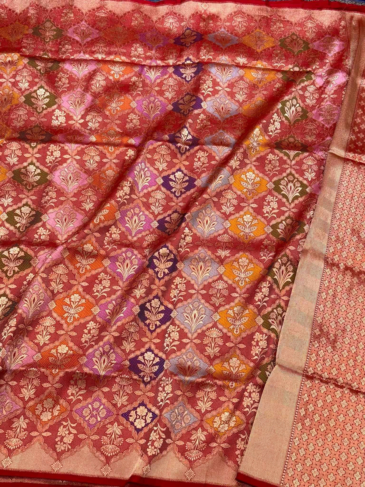 Red Pure Katan Mulberry Silk Handloom Banarasi Saree - Modern Rangkaat Saree